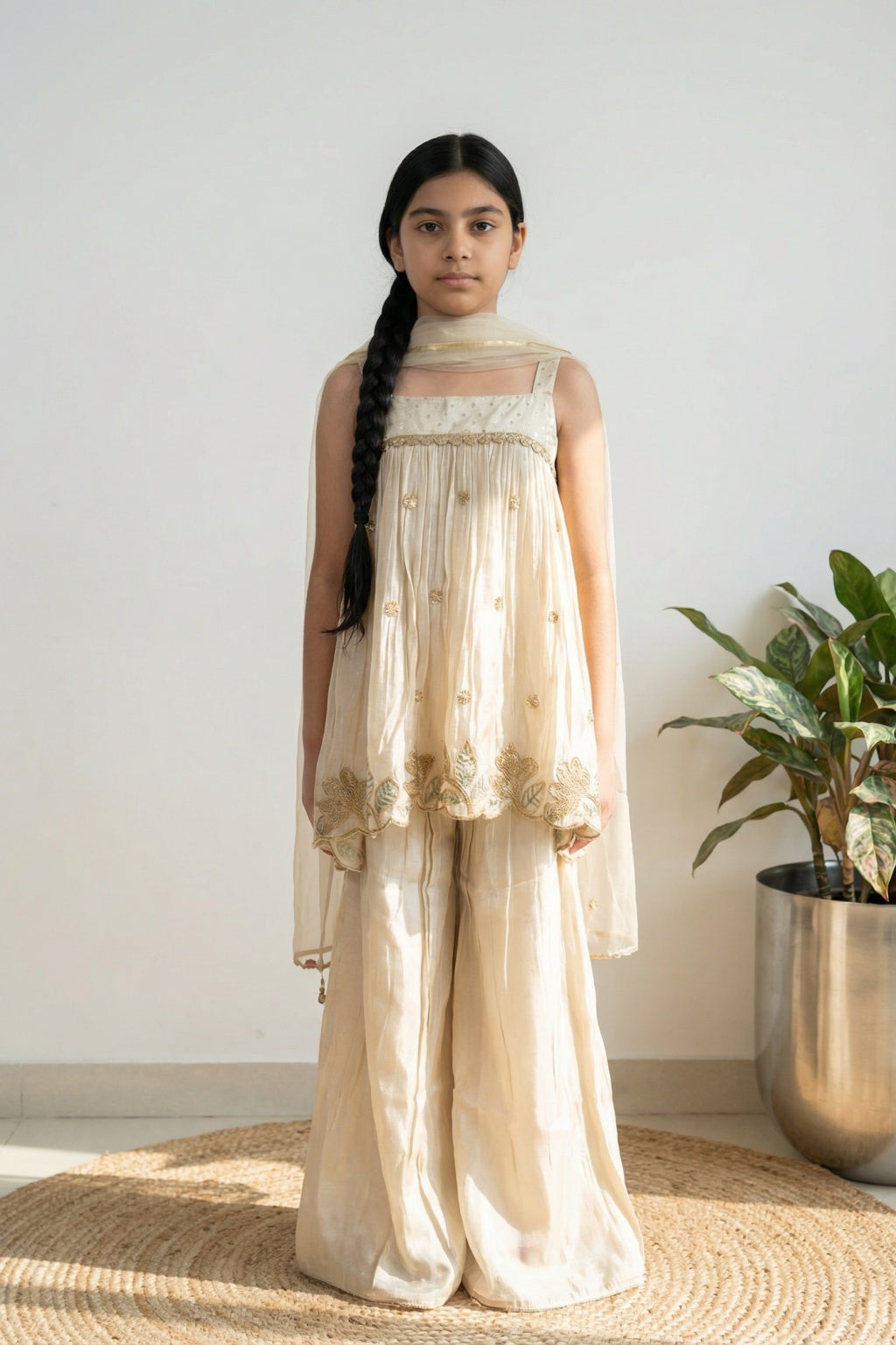 Ivory Gold Embroidered Palazzo Set for Girls - Mokshaa