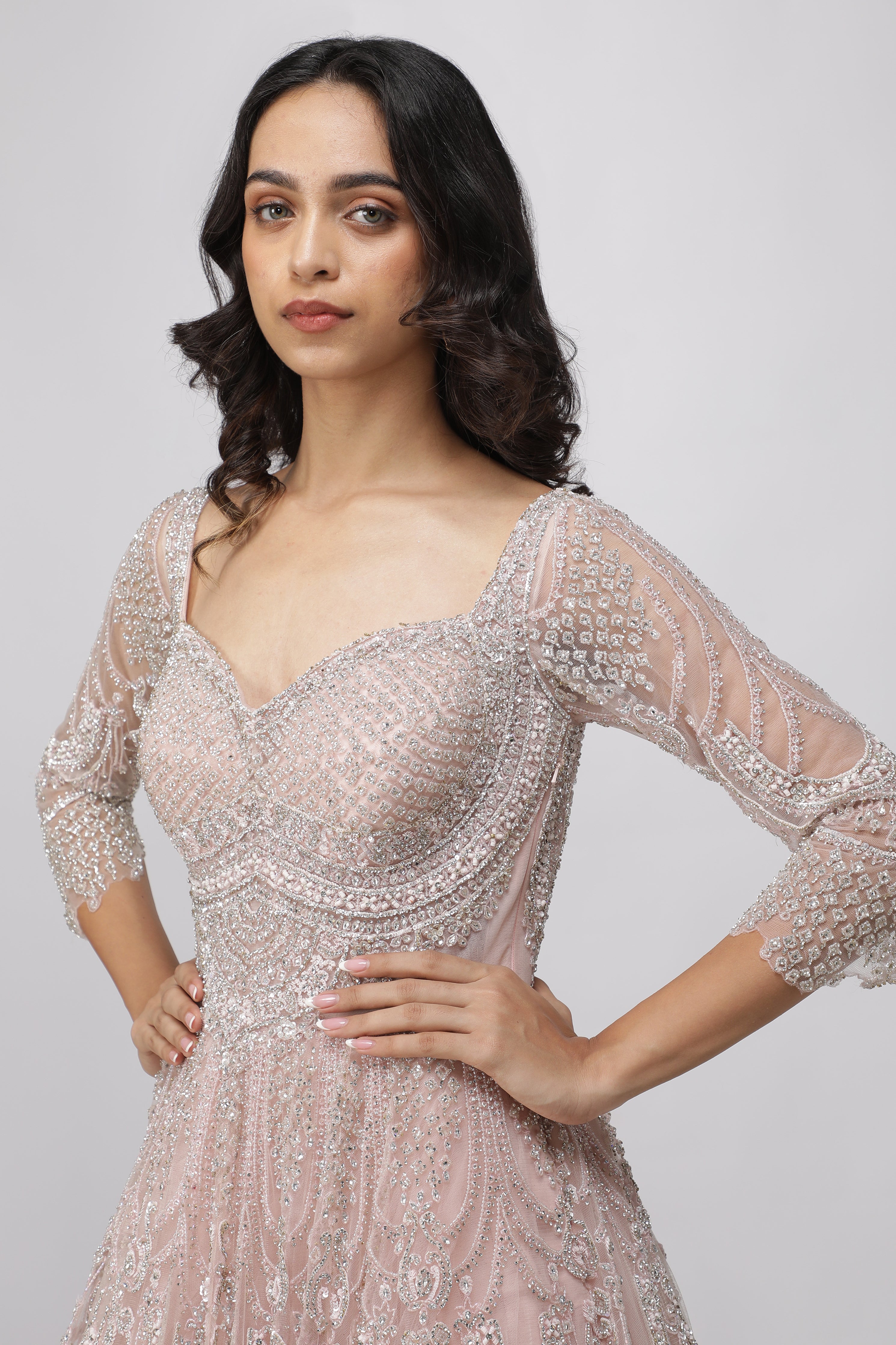Blush Pink Net Gown with Stone, Cutdana & Sequin Embroidery