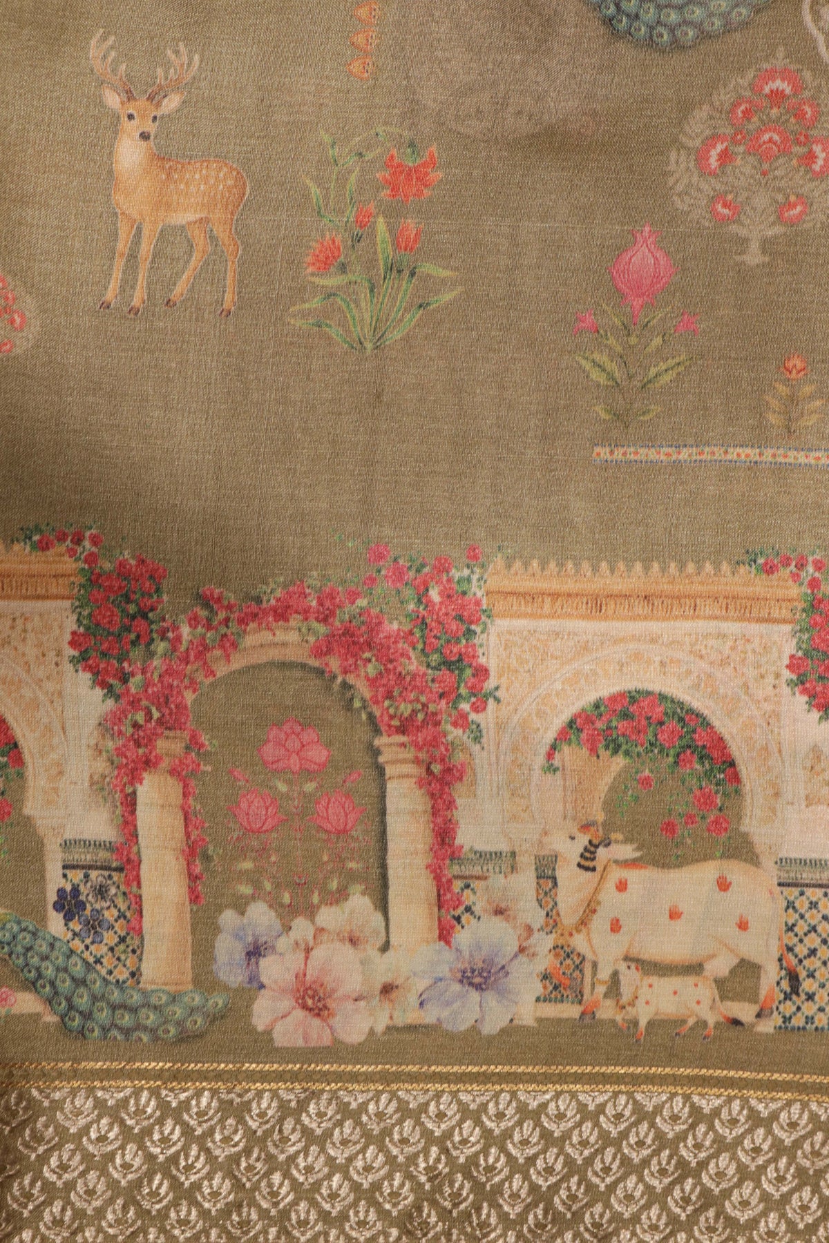 Olive Green Tussar Silk Digital Print Saree