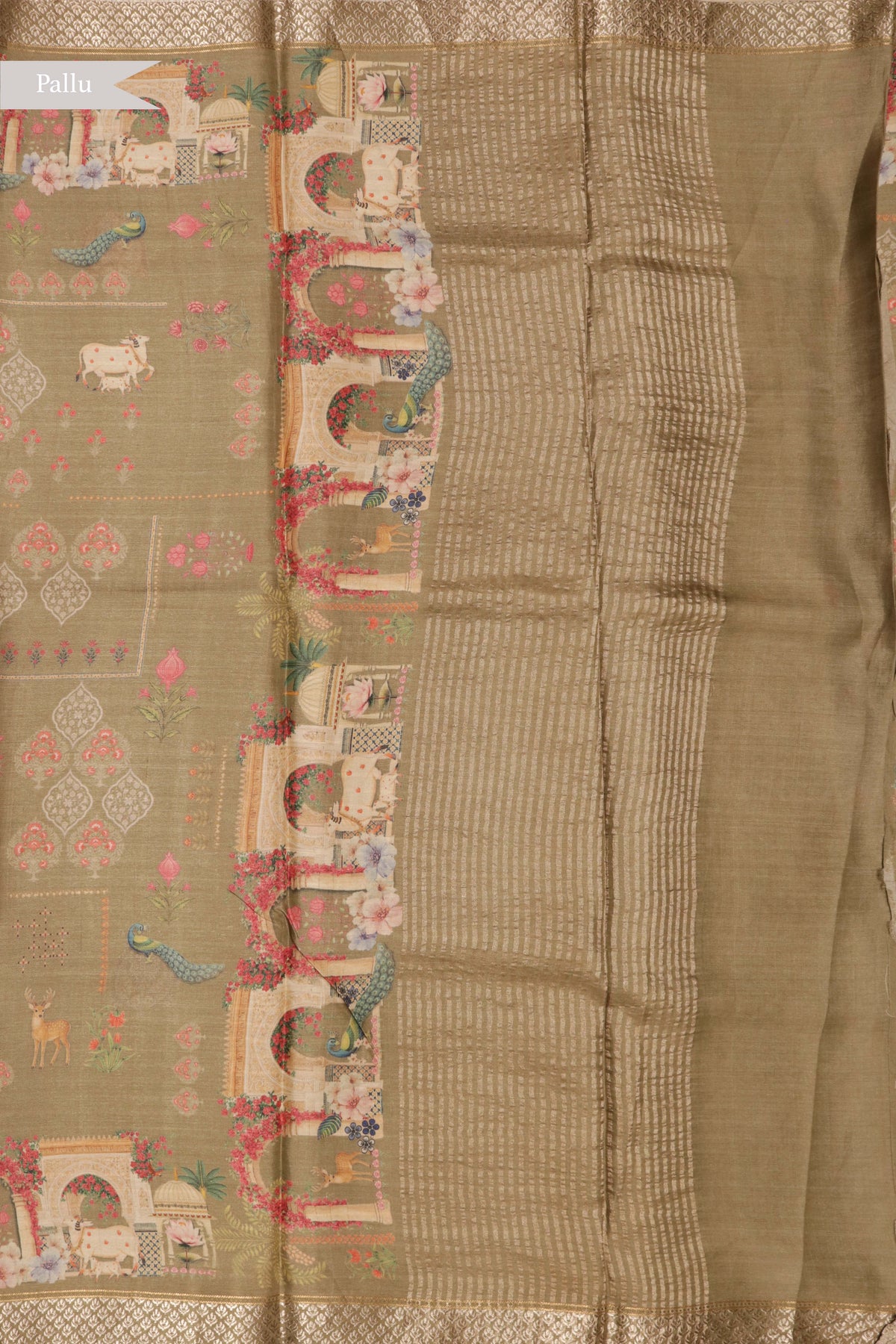 Olive Green Tussar Silk Digital Print Saree
