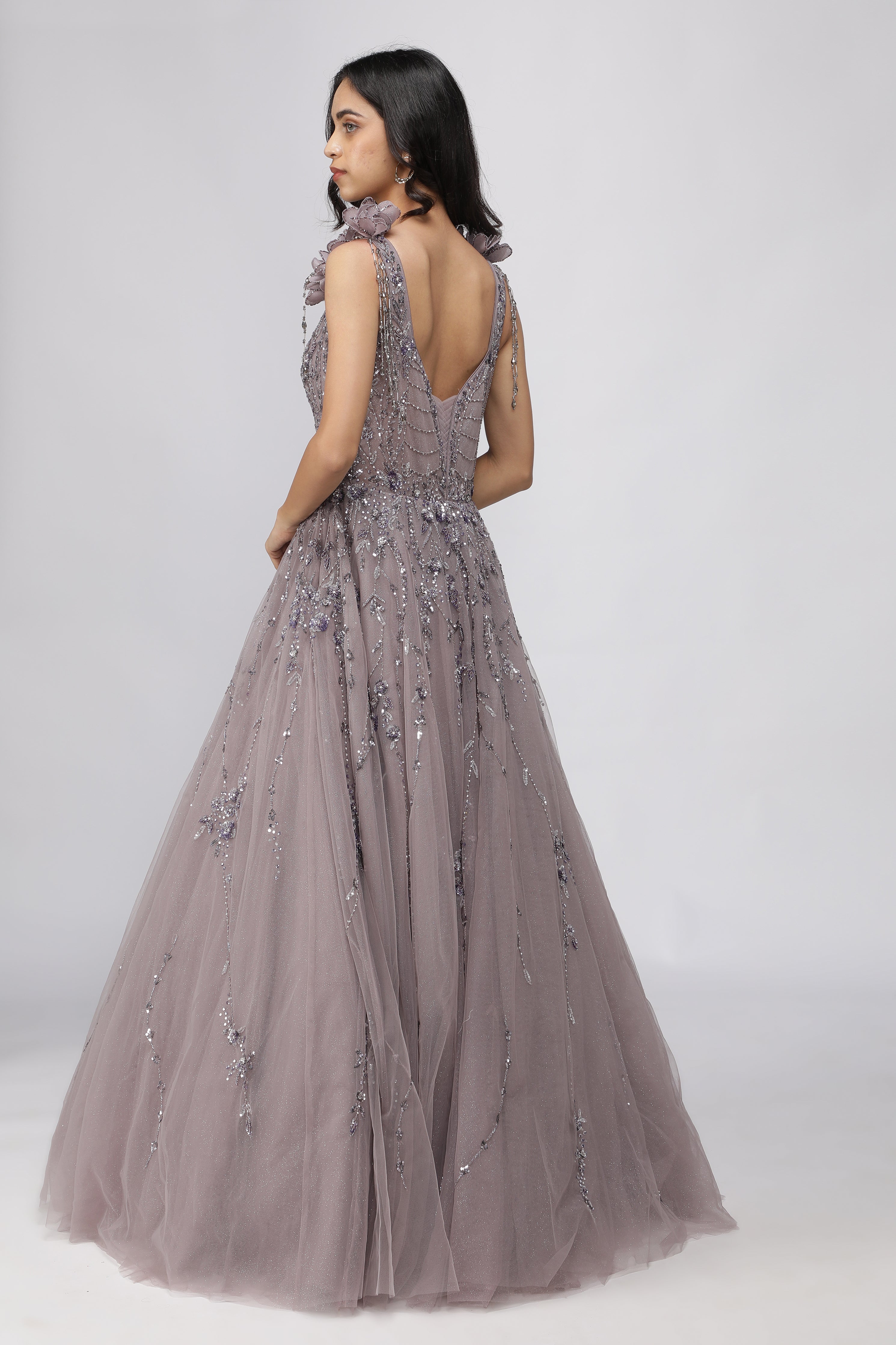 Dusty Purple Net Gown with Sequin and Pearl Embroidery