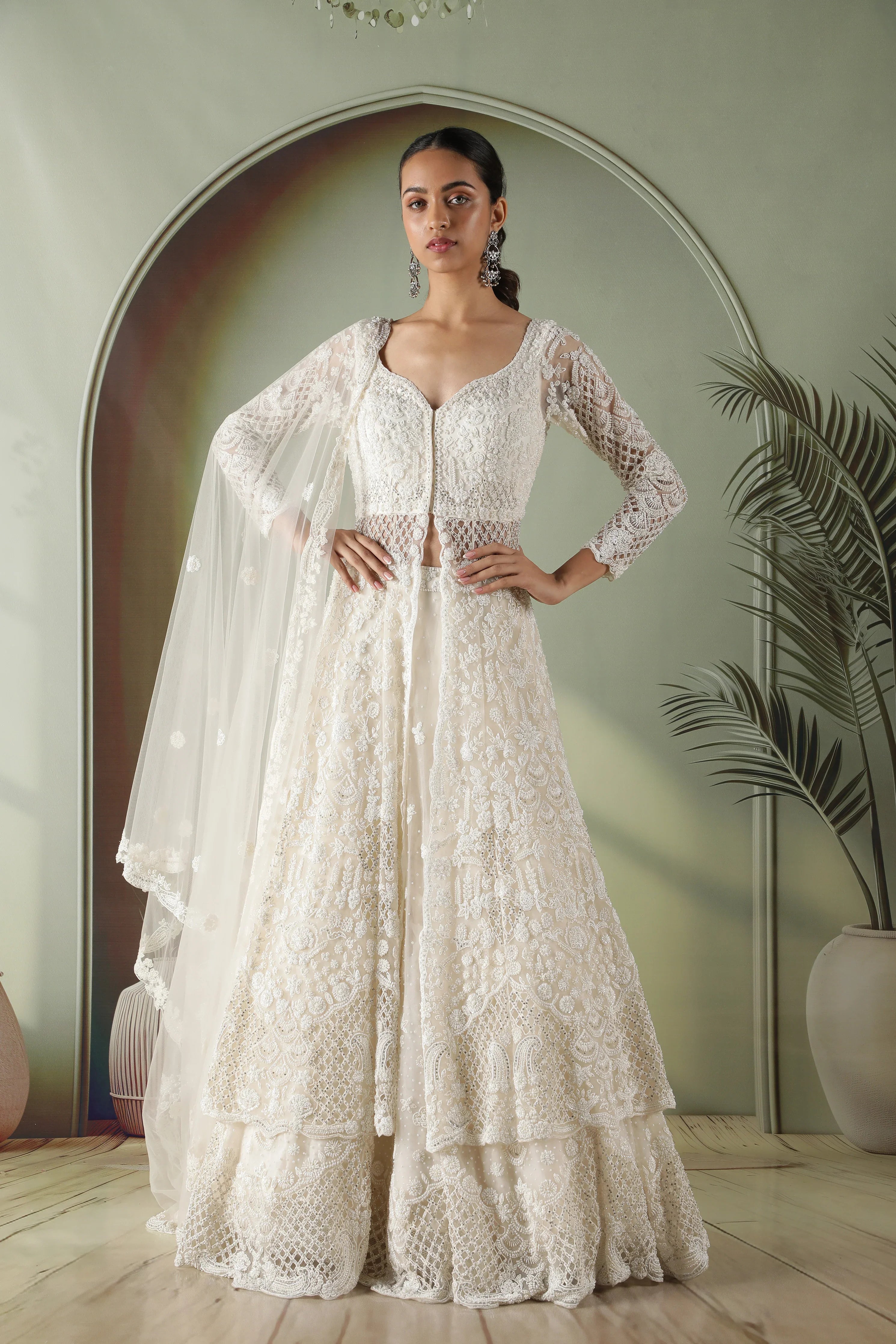 Radiant Pearl Cutwork Net Jacket Lehenga Set | Mokshaa