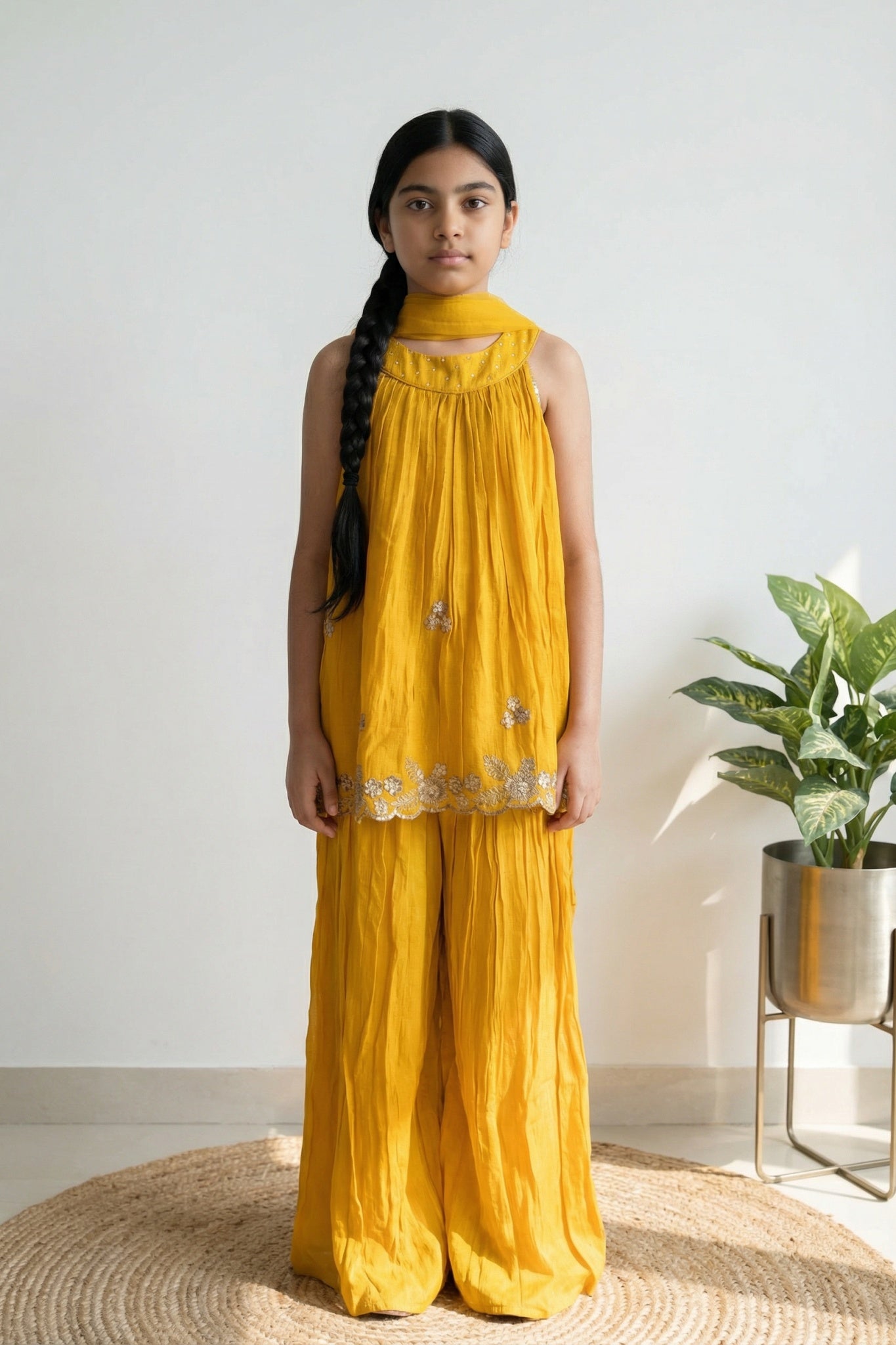 Mustard Embroidered Palazzo Set for Girls - Mokshaa