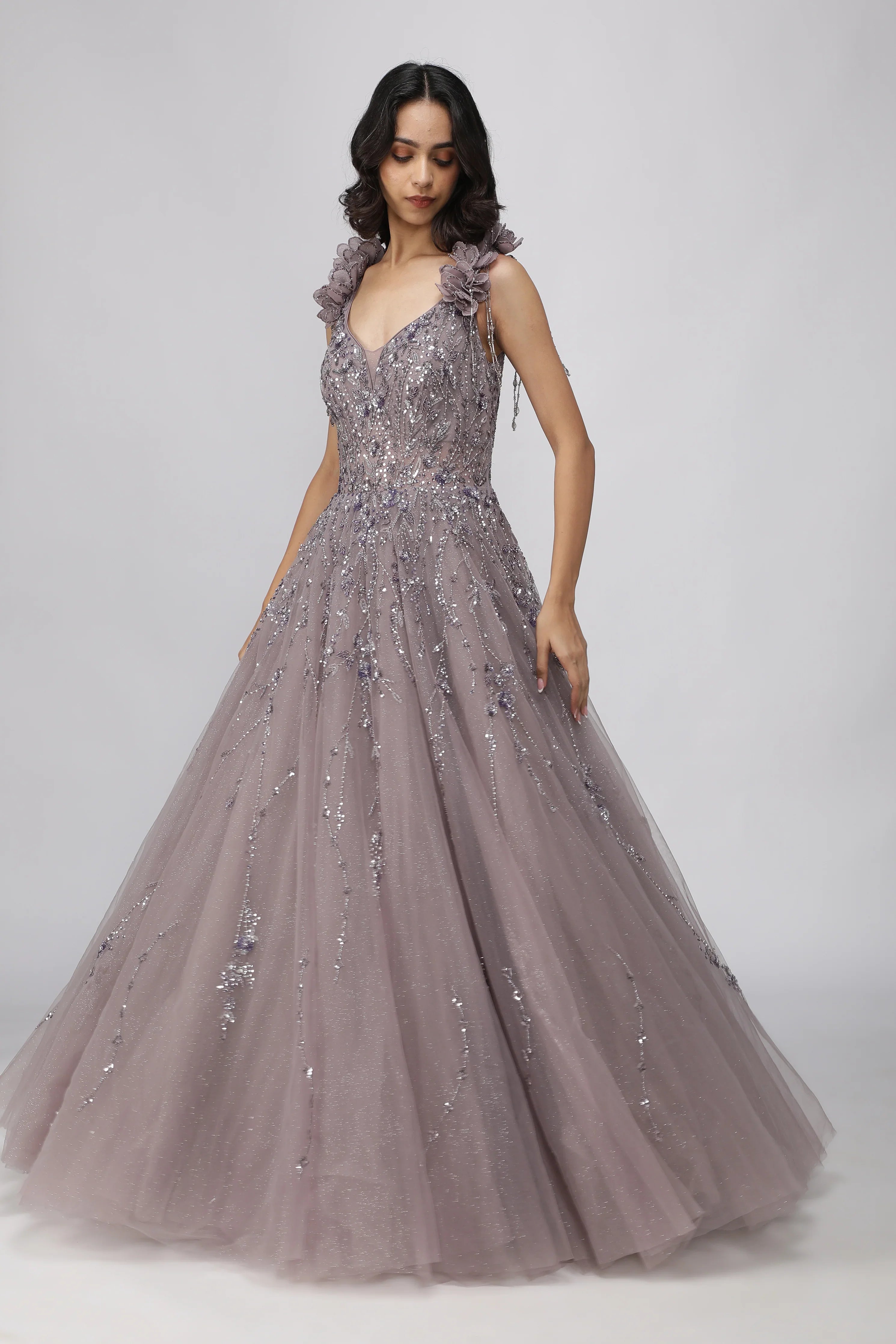 Dusty Purple Net Gown with Sequin and Pearl Embroidery | Mokshaa