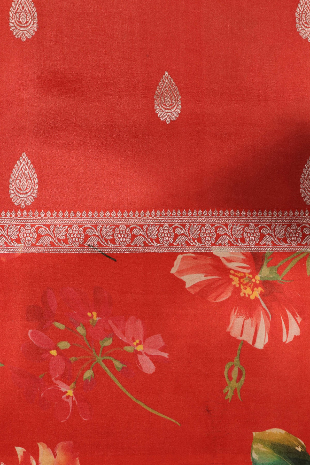 Red Tussar Silk Saree with Floral Digital Print Border
