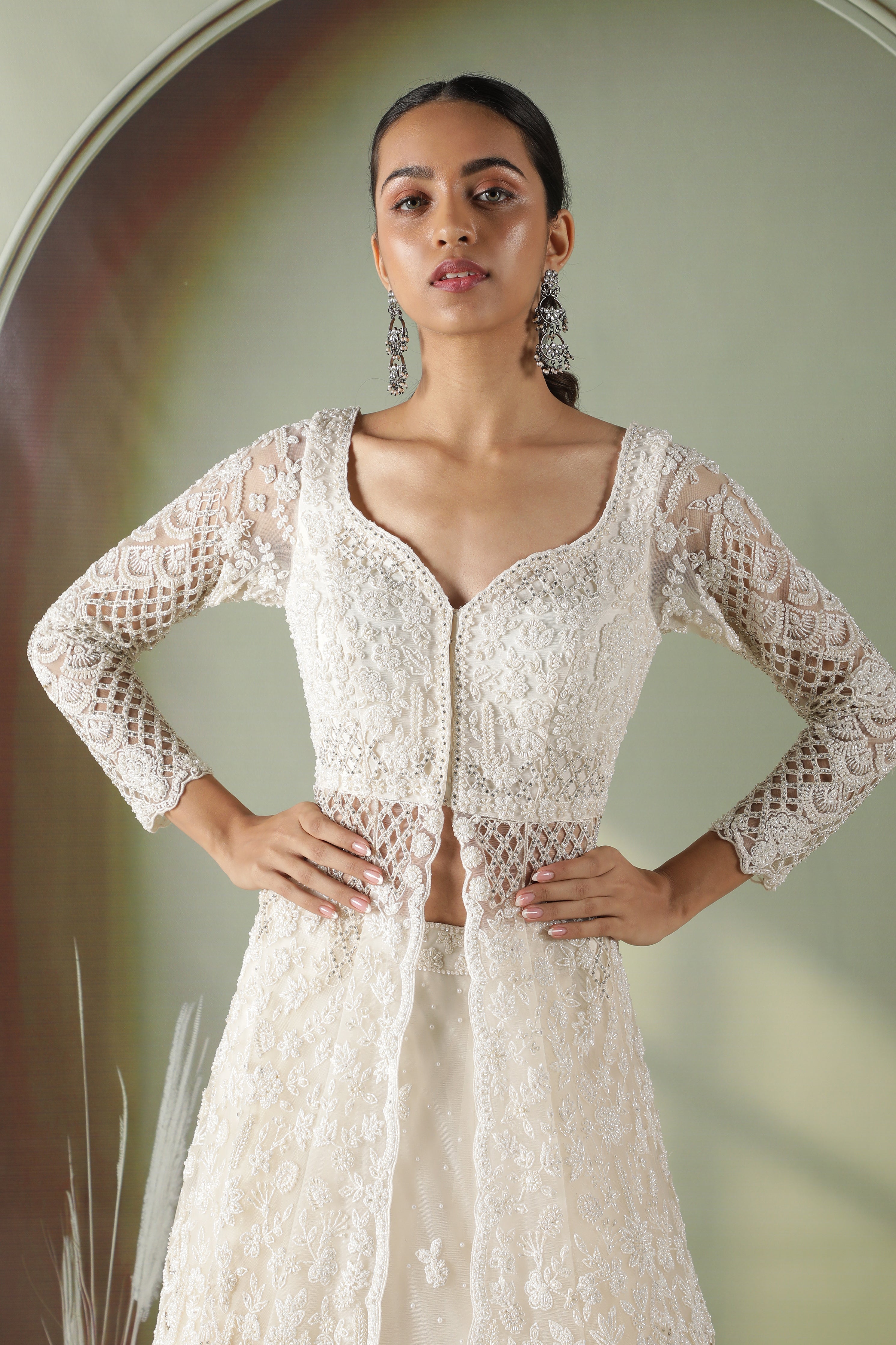 Radiant Pearl Cutwork Net Jacket Lehenga Set