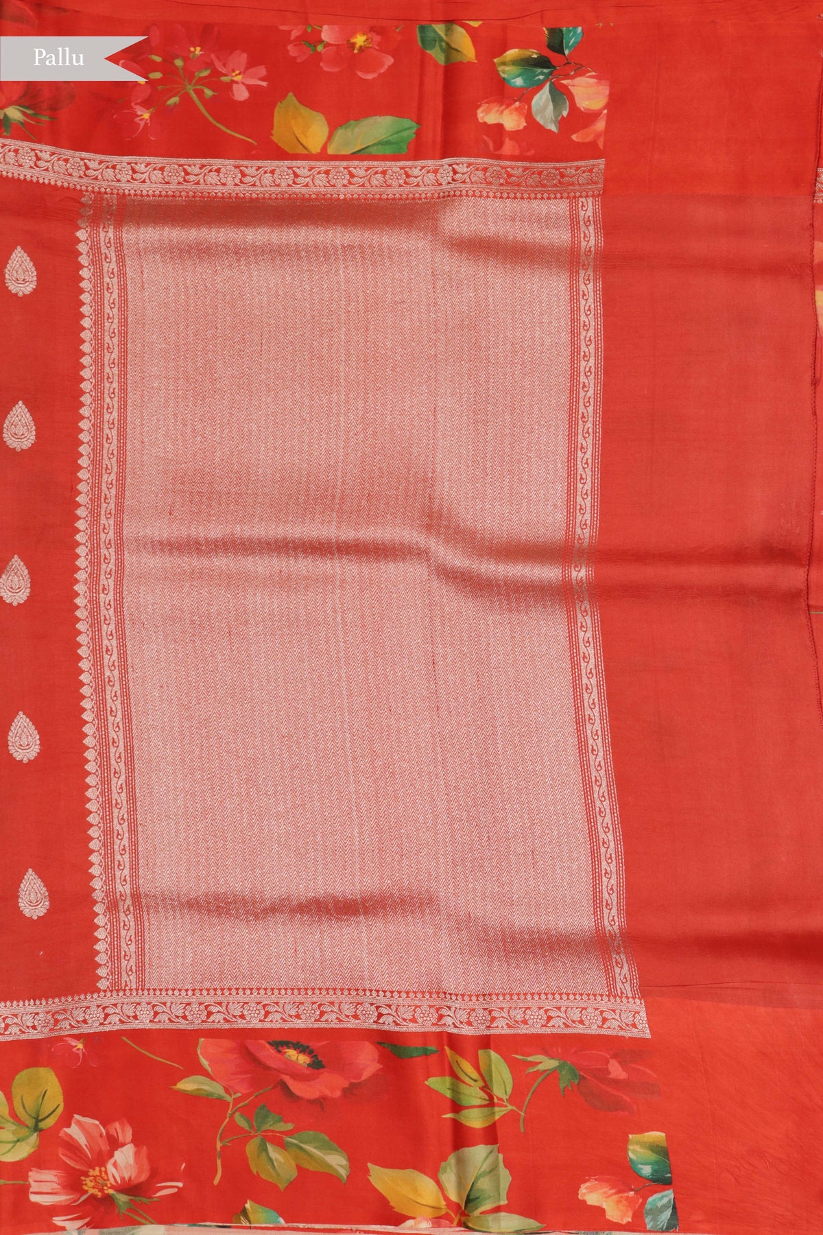 Red Tussar Silk Saree with Floral Digital Print Border