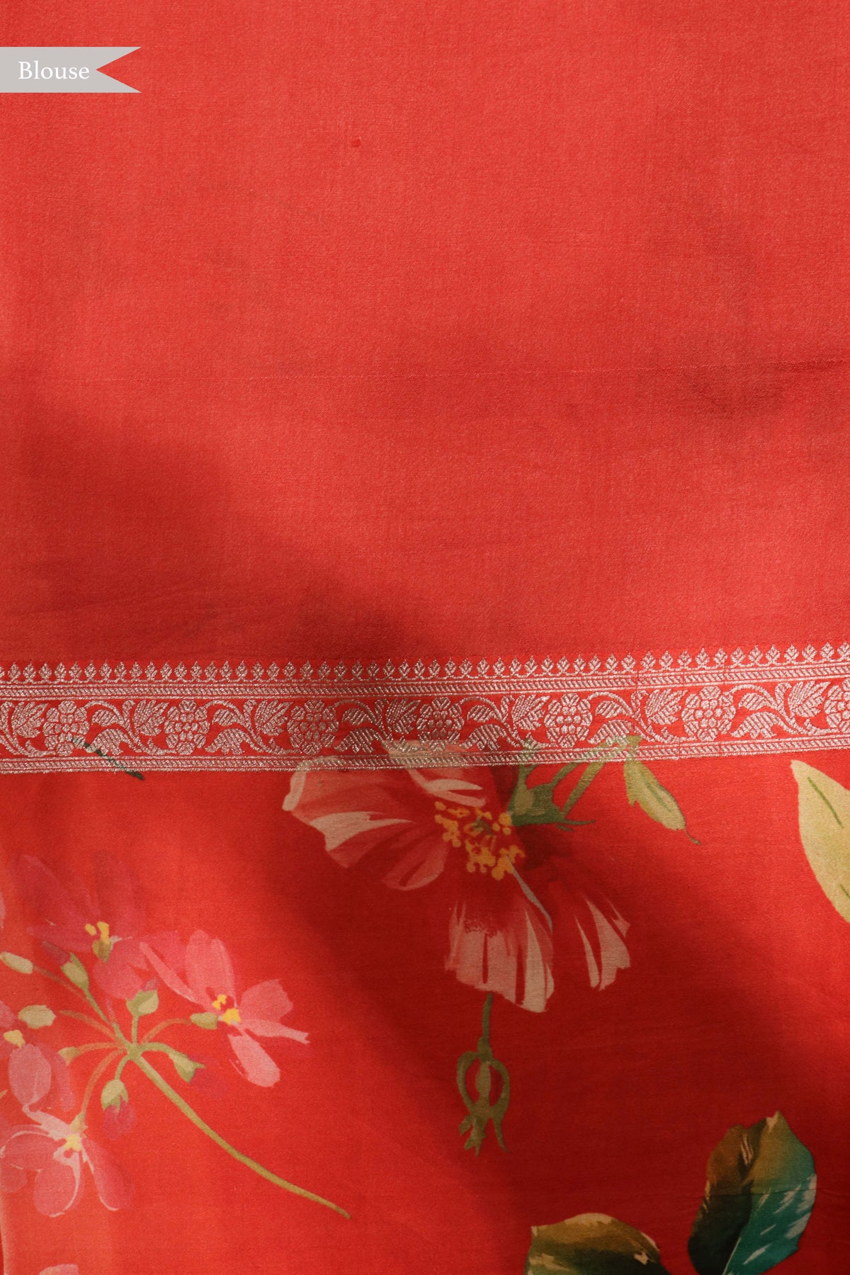 Red Tussar Silk Saree with Floral Digital Print Border