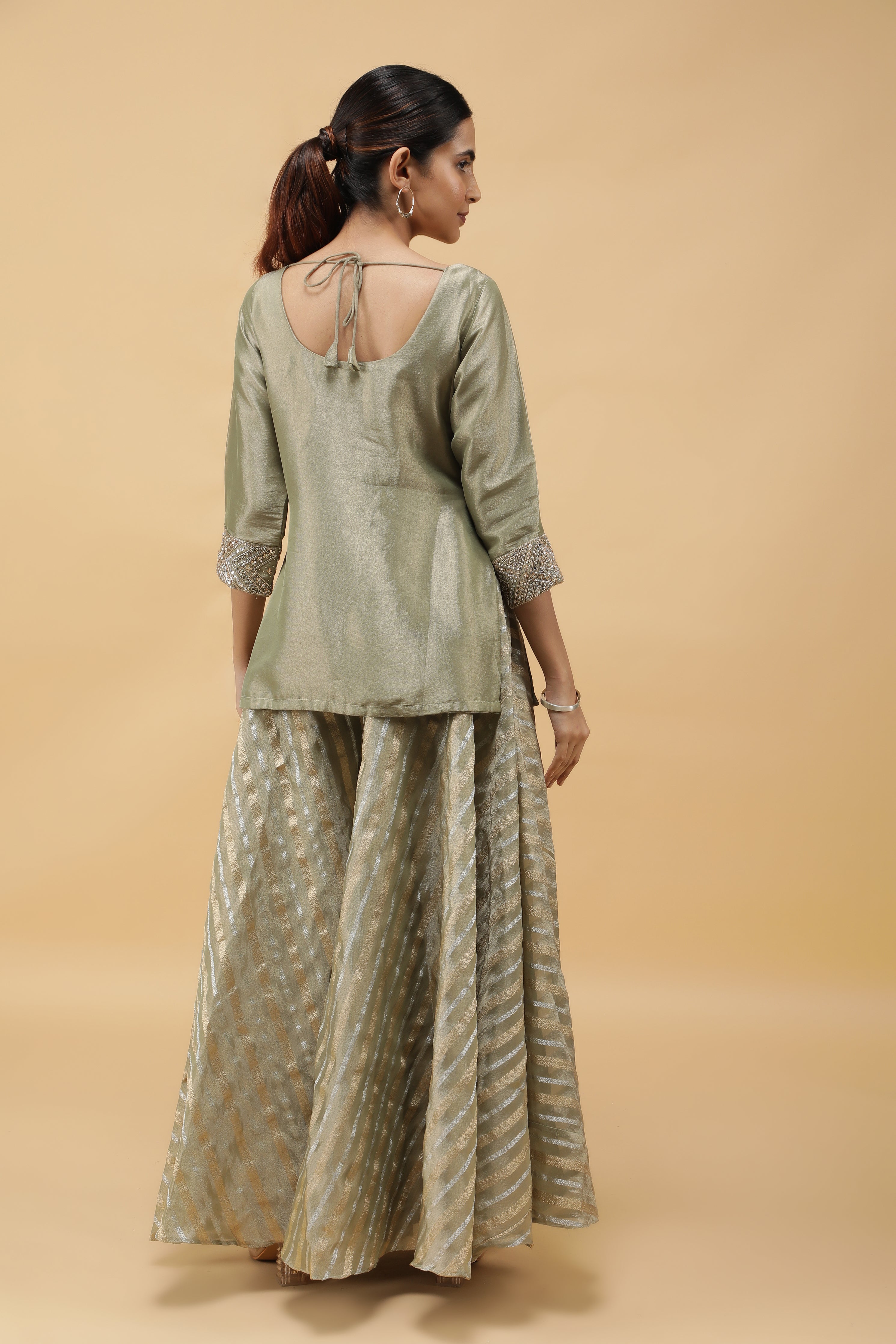 Sage Banarasi Tissue Indo-western Top & Palazzo Set