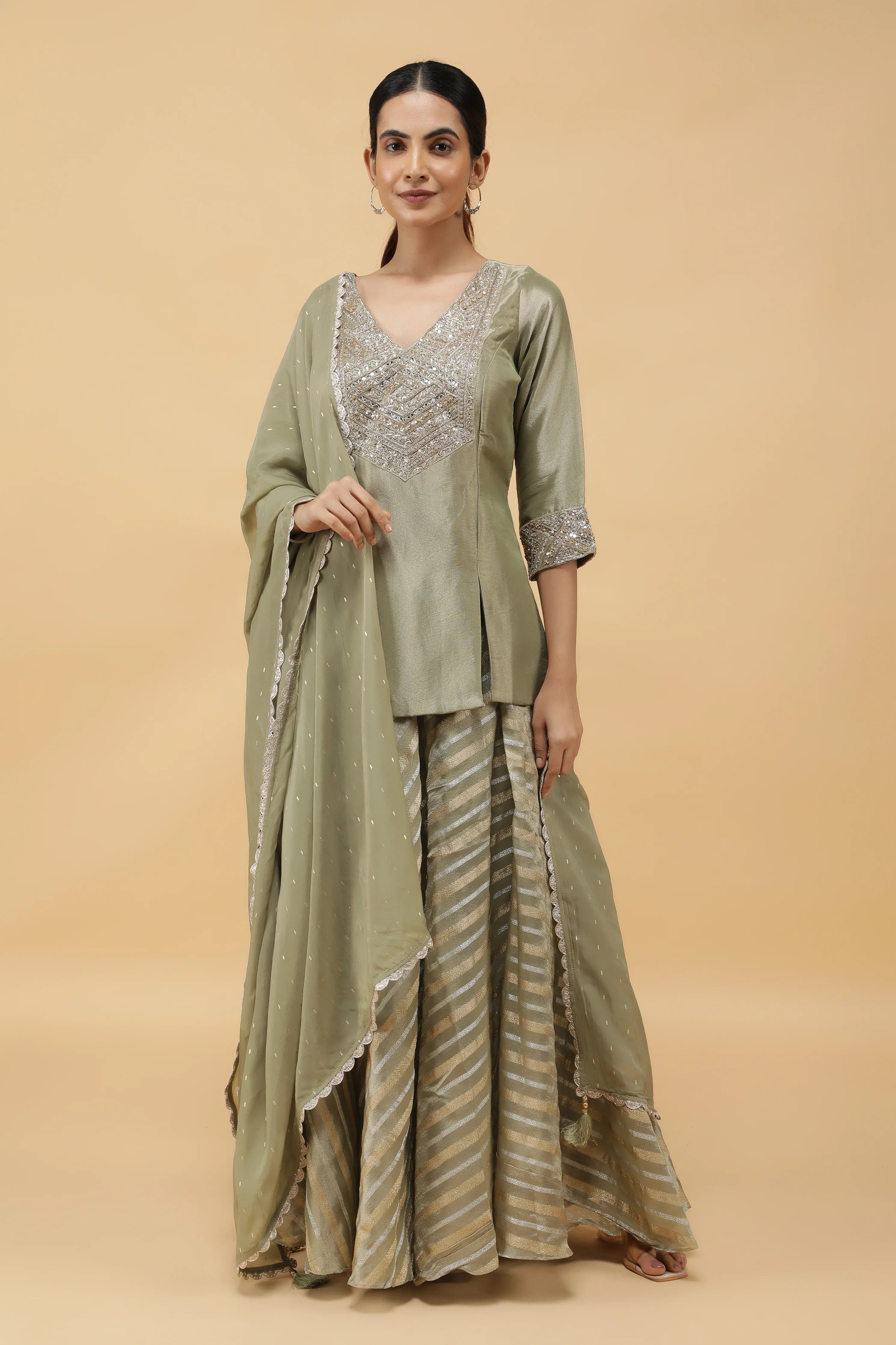 Sage Banarasi Tissue Indo-western Top & Palazzo Set | Mokshaa