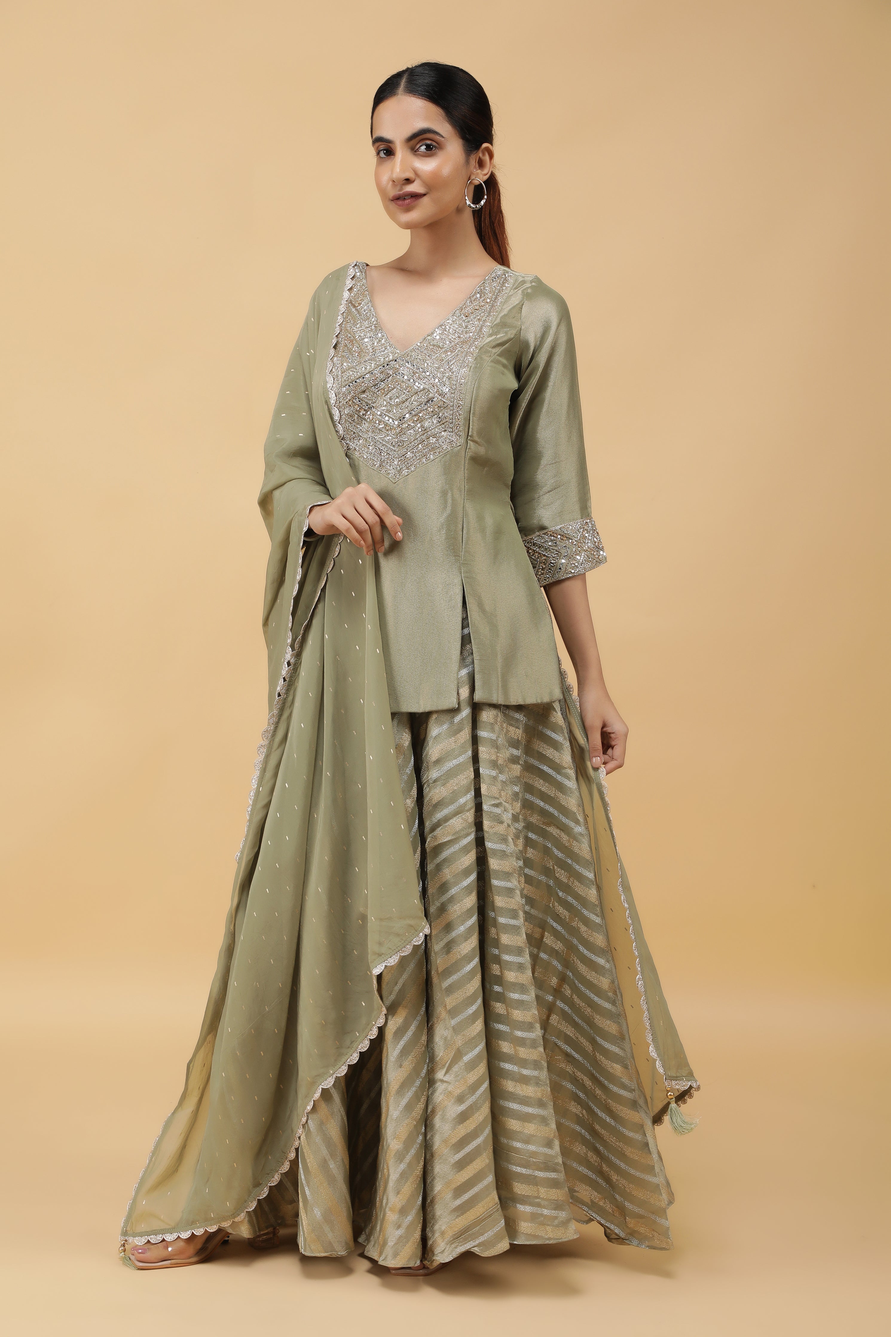 Sage Banarasi Tissue Indo-western Top & Palazzo Set