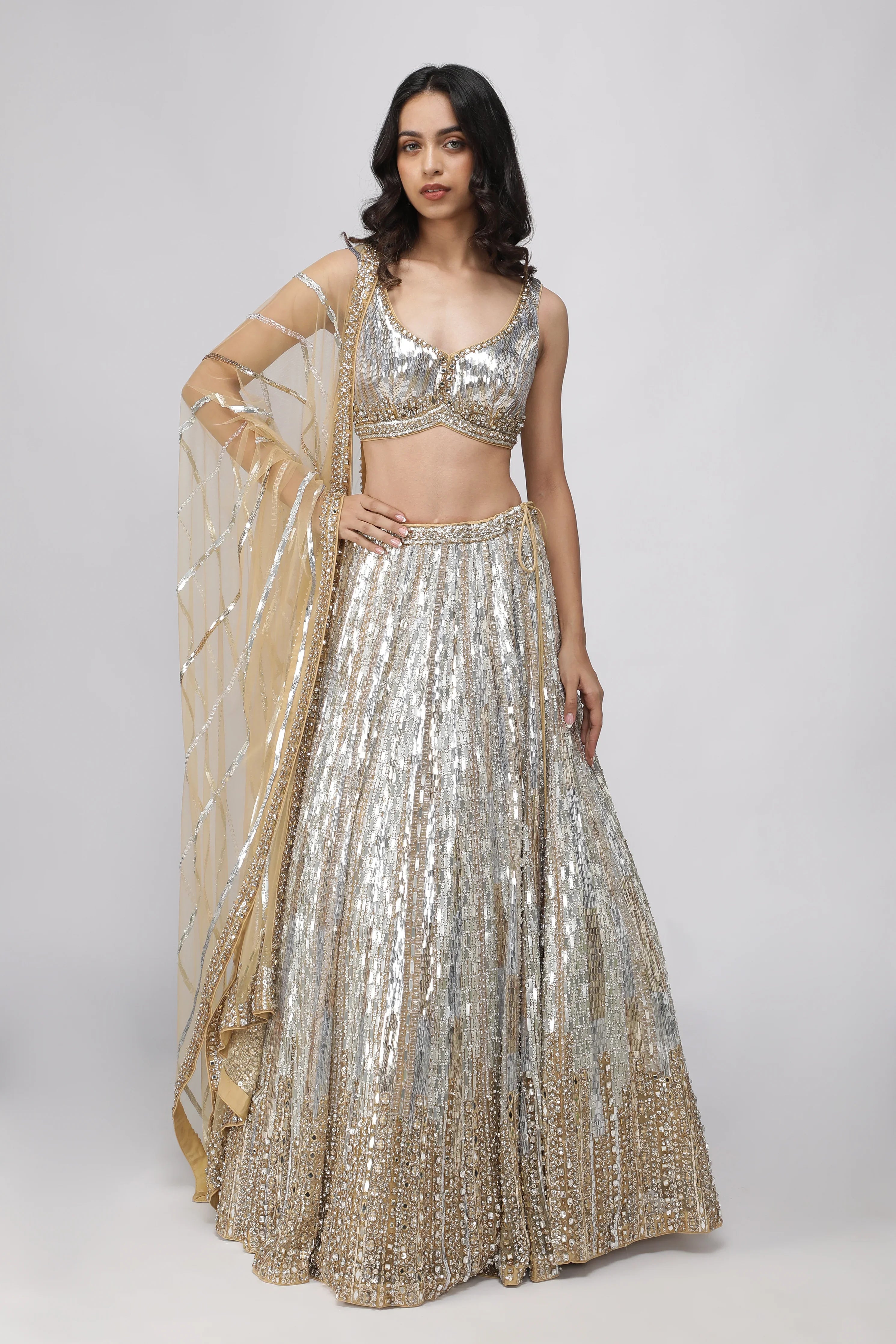 Gold Net Silver & Gold Embroidered Lehenga Set | Mokshaa