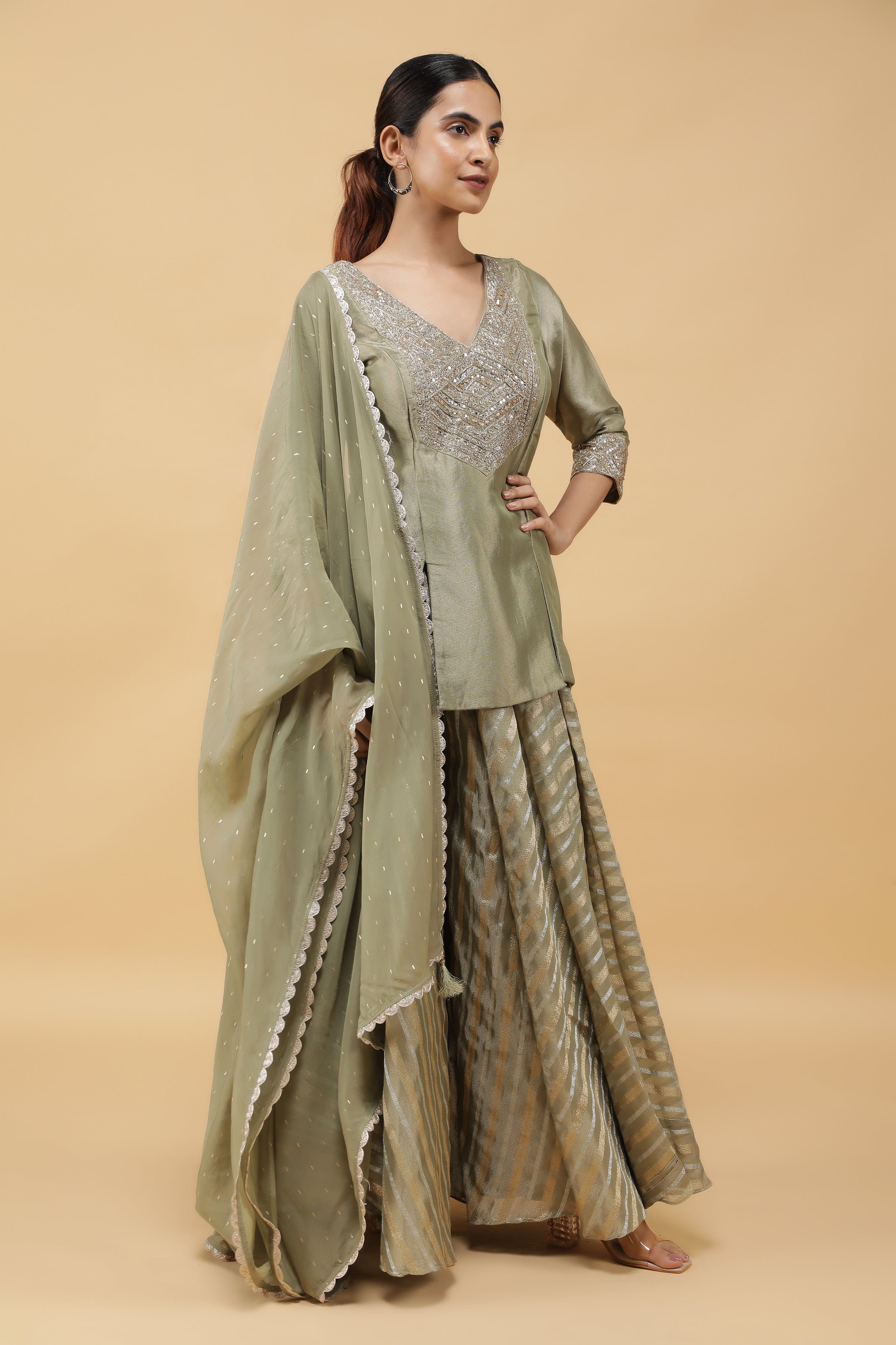 Sage Banarasi Tissue Indo-western Top & Palazzo Set