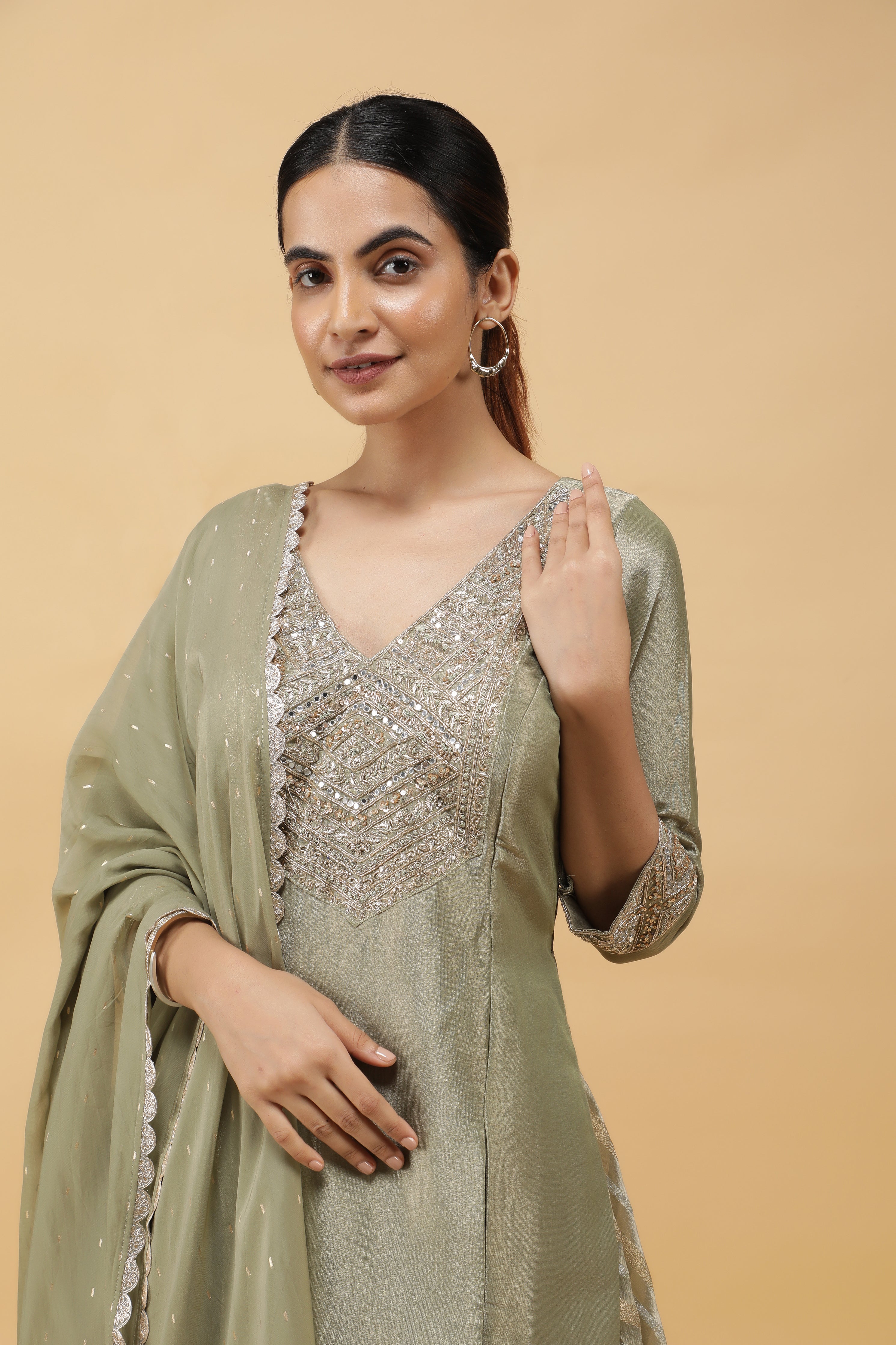Sage Banarasi Tissue Indo-western Top & Palazzo Set