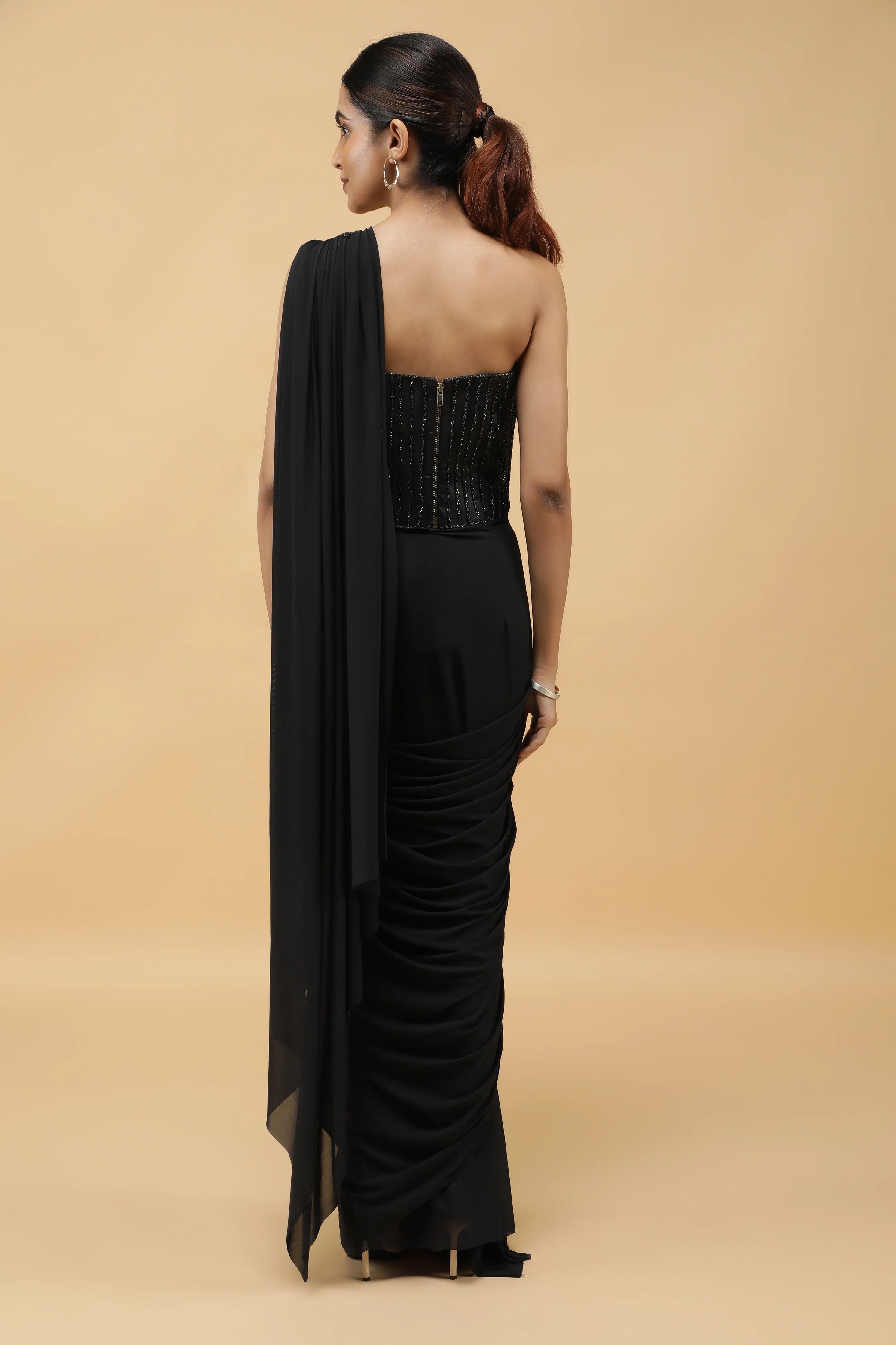 Black Lycra Net Corset Blouse with Drape Saree - Mokshaa