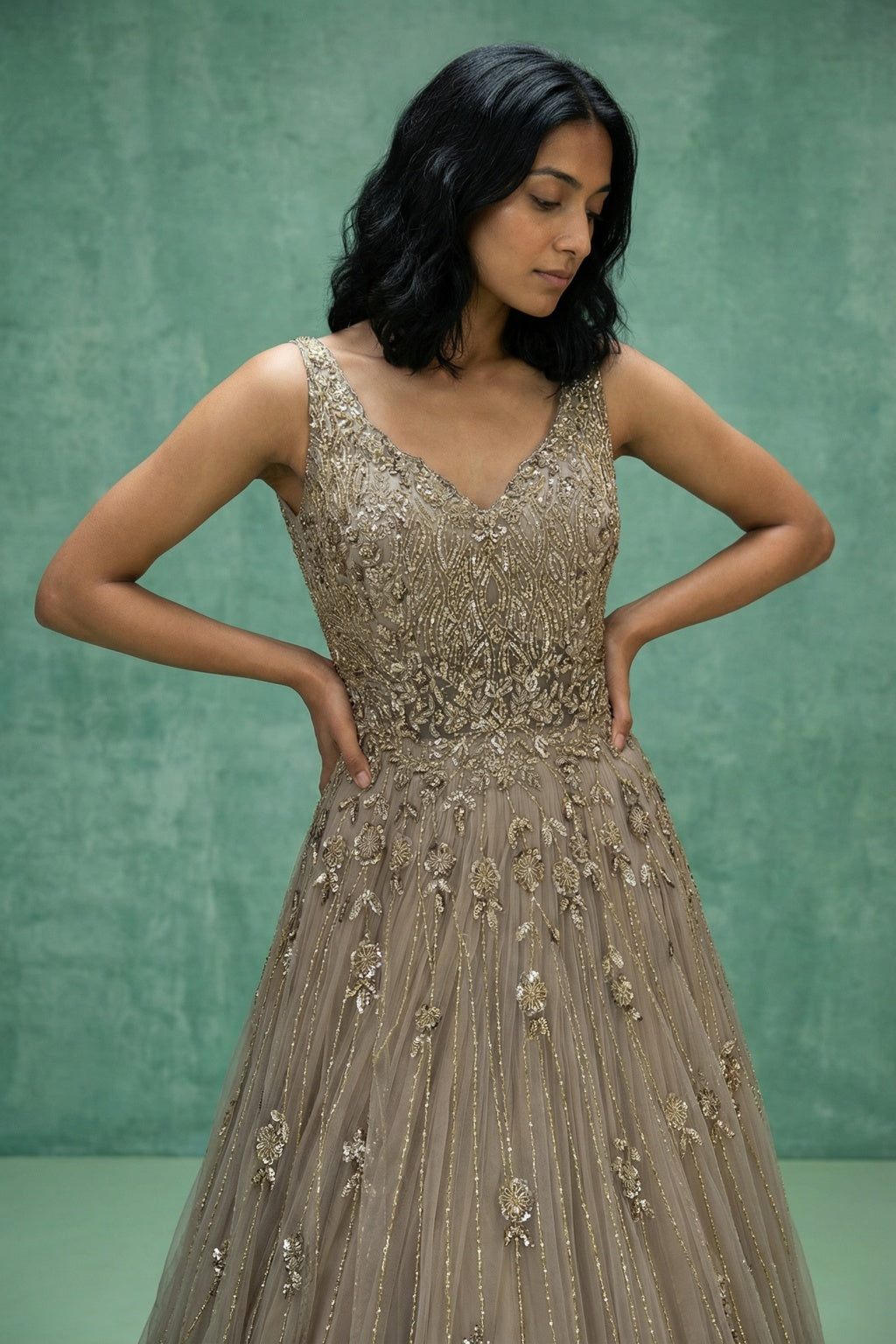 Champagne Gold Embroidered Net Gown