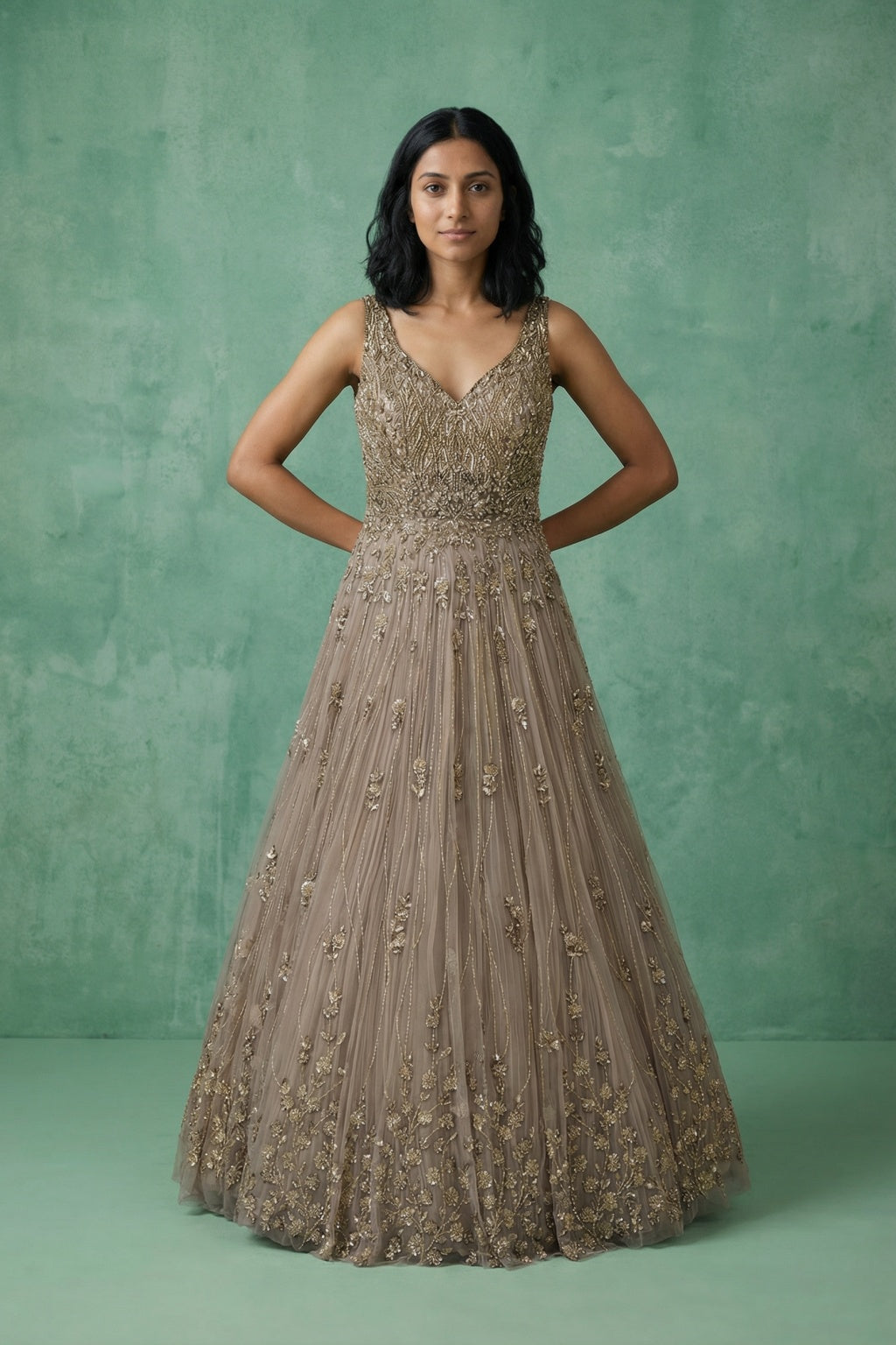 Champagne Gold Embroidered Net Gown