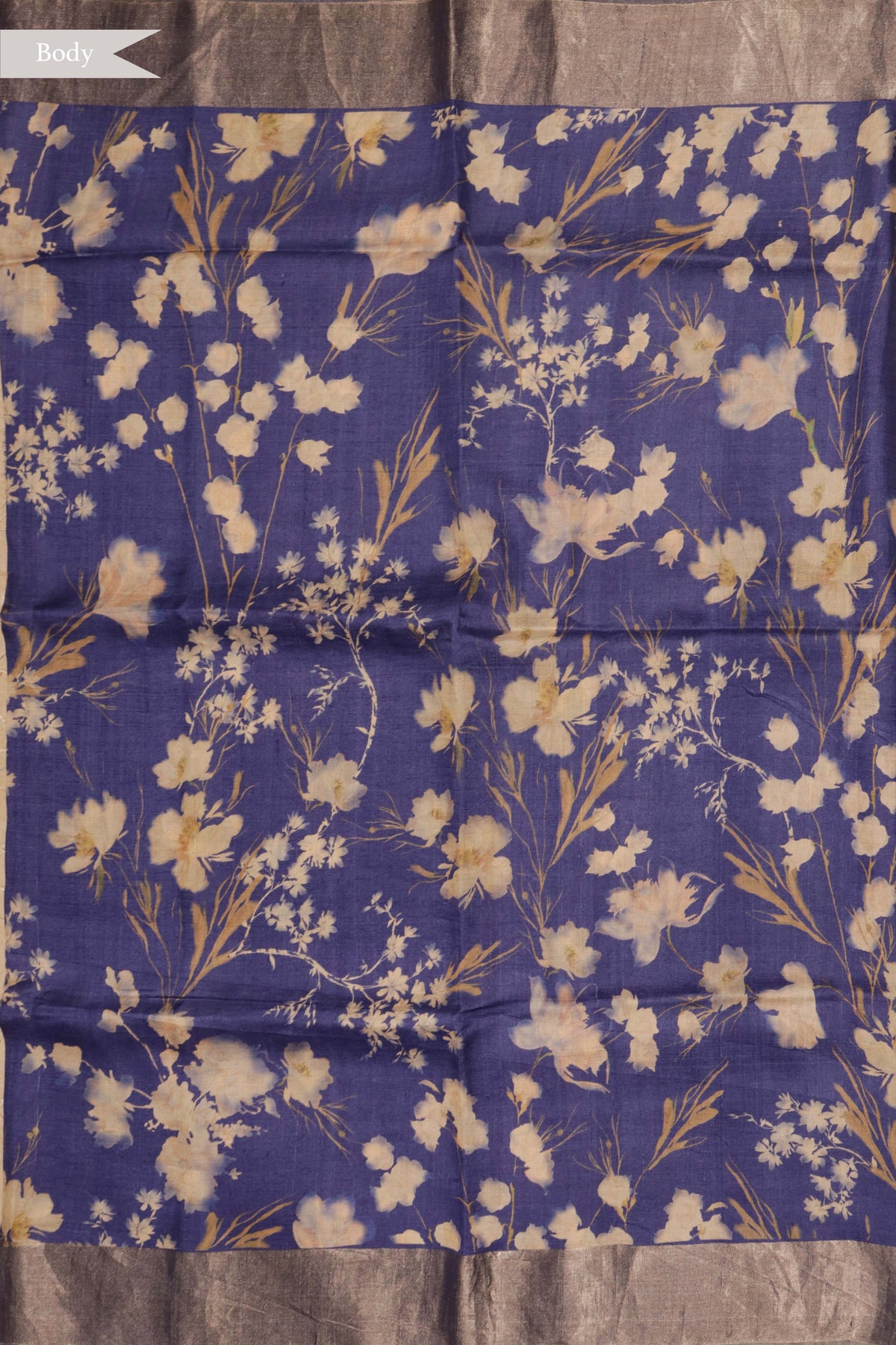 Ink Blue Floral Tussar Silk Saree