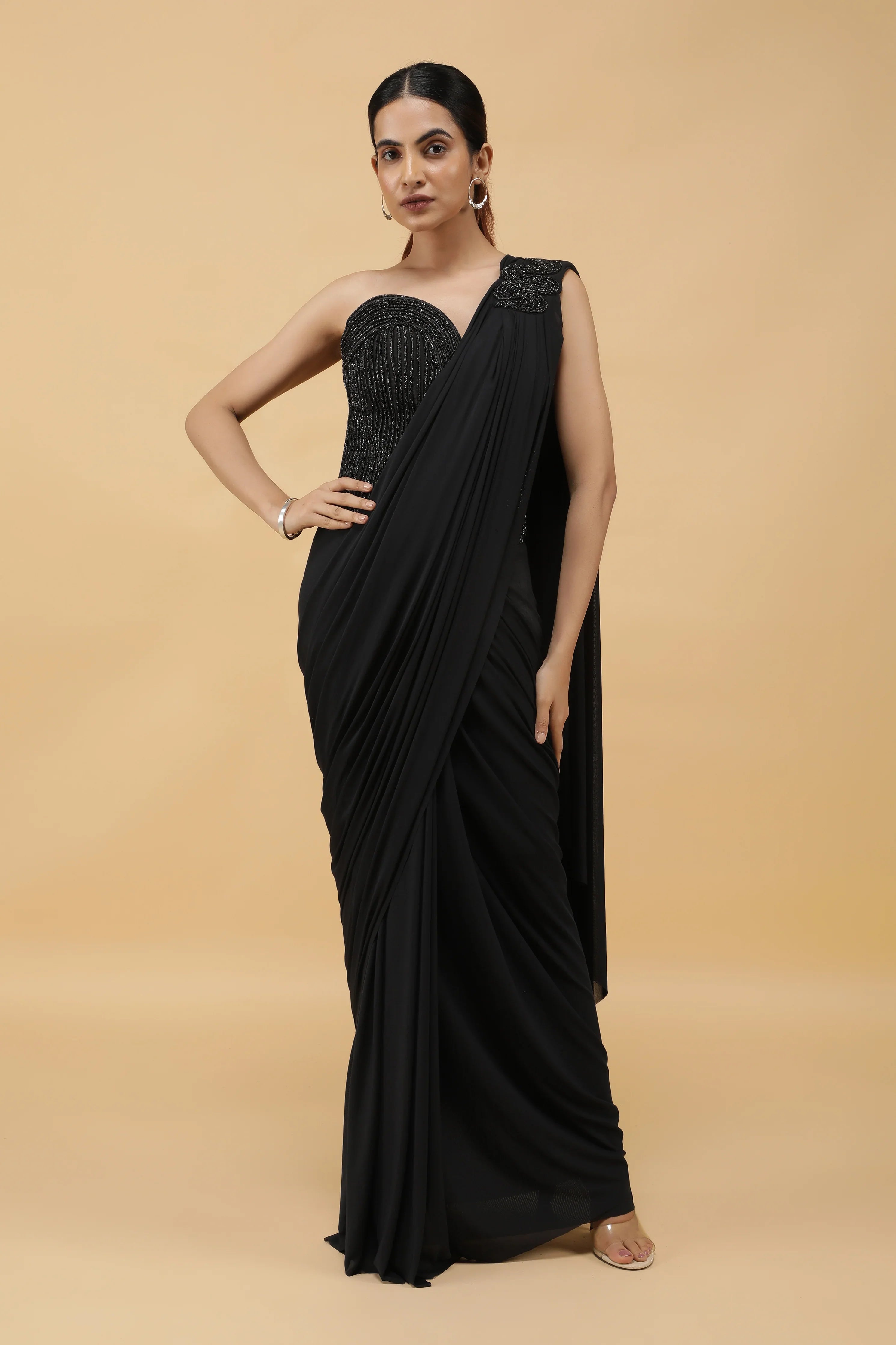 Black Lycra Net Corset Blouse with Drape Saree | Mokshaa