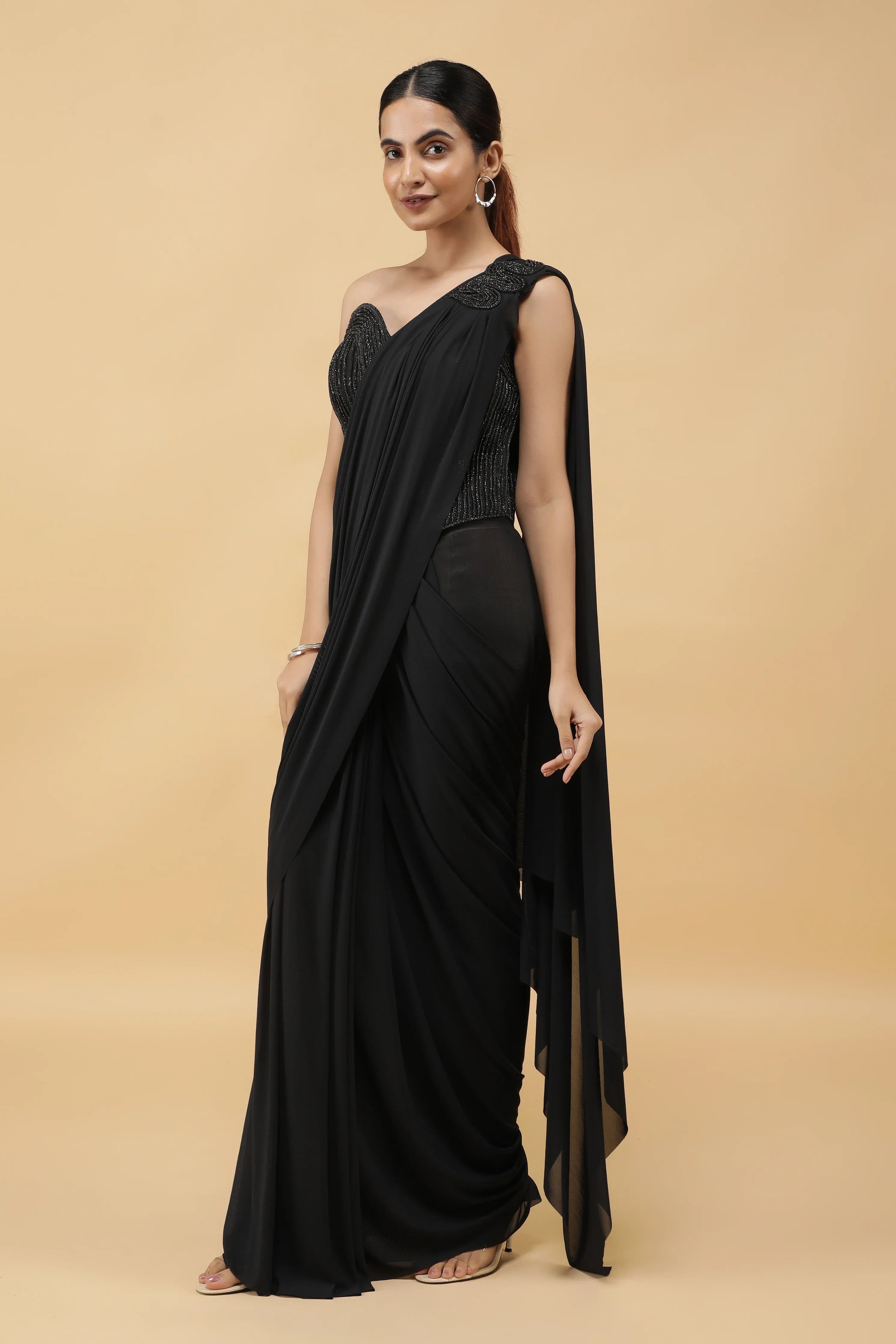 Black Lycra Net Corset Blouse with Drape Saree - Mokshaa