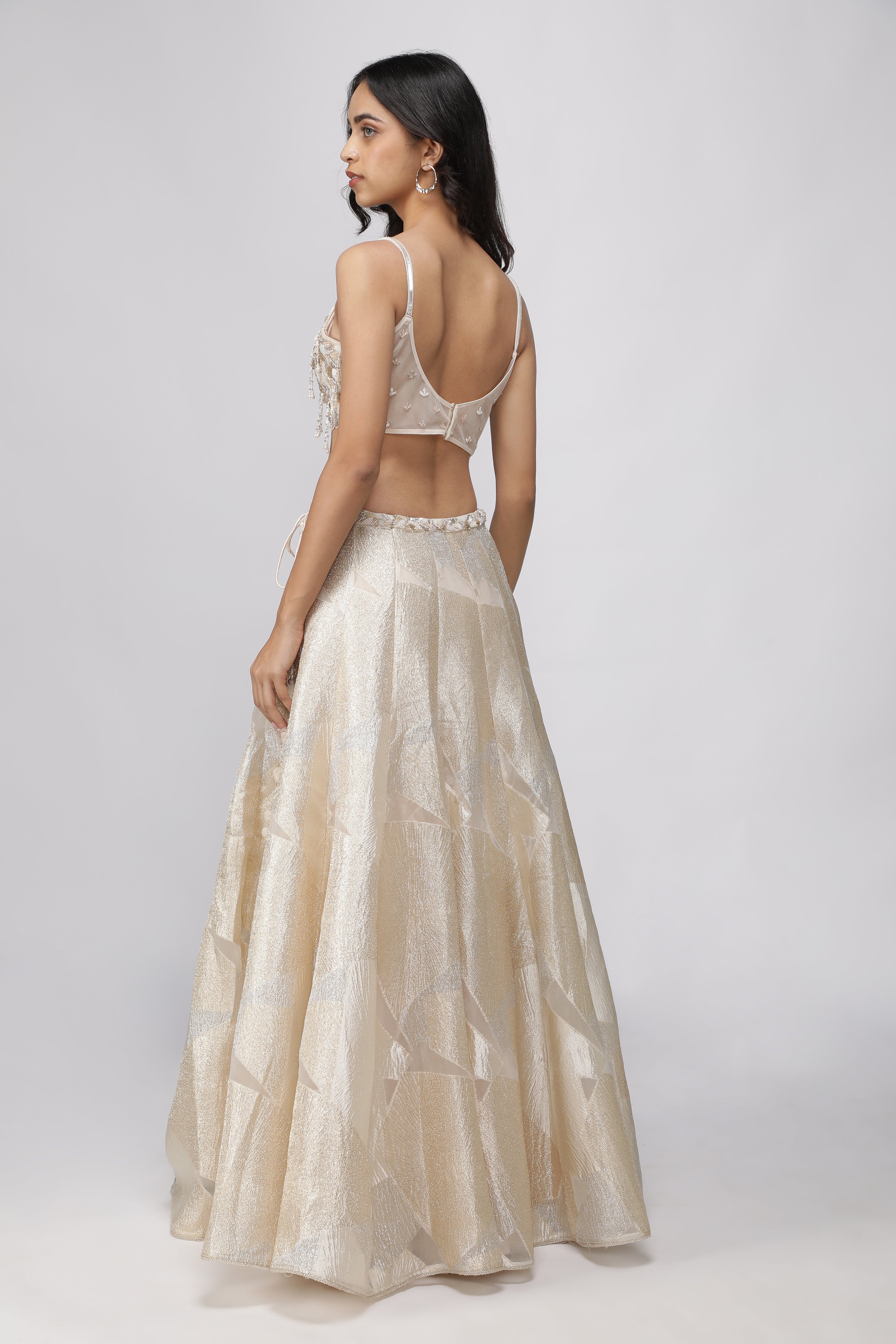 Off-White Gold & Silver Woven Organza Crop Top Lehenga Set