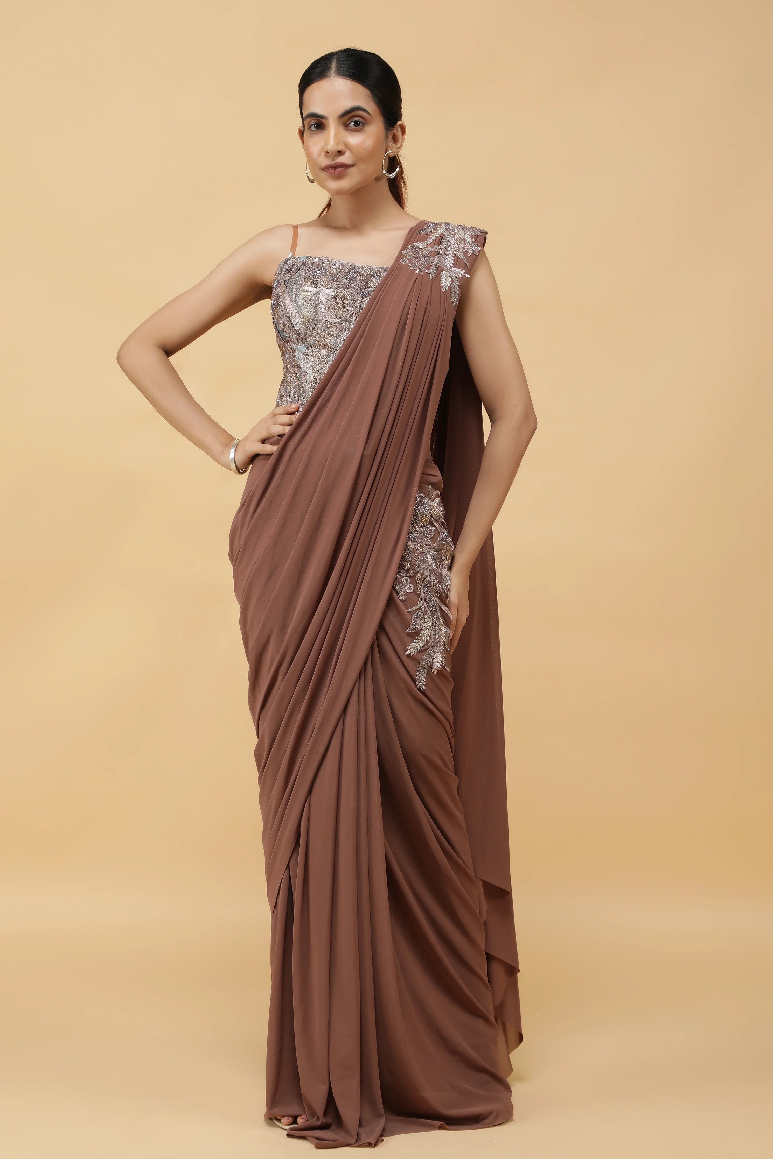 Mocha Lycra Net Drape Saree with Pastel Embroidered Corset Blouse | Mokshaa