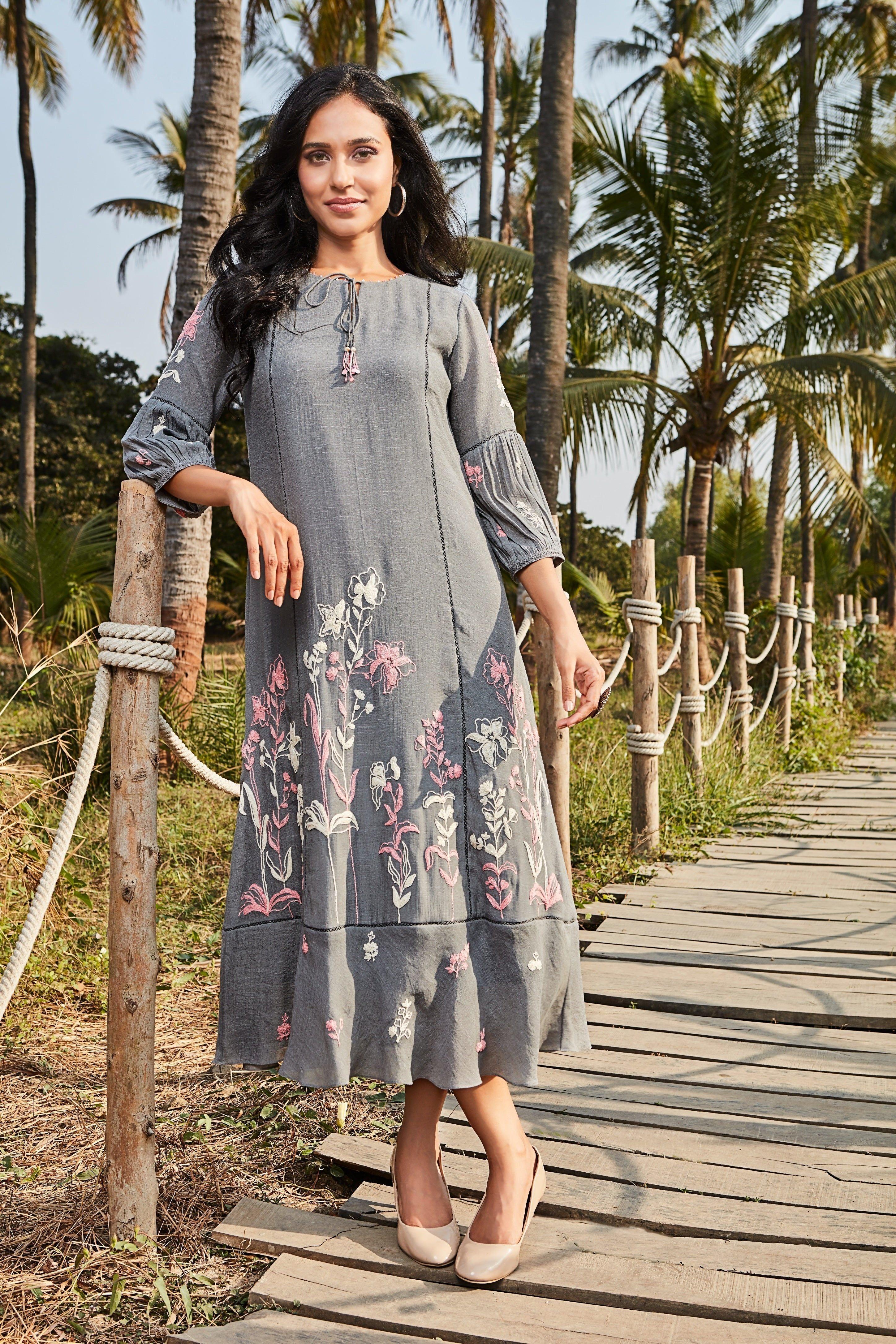 Steel Grey Embroidered Cotton Midi Dress  Mokshaa