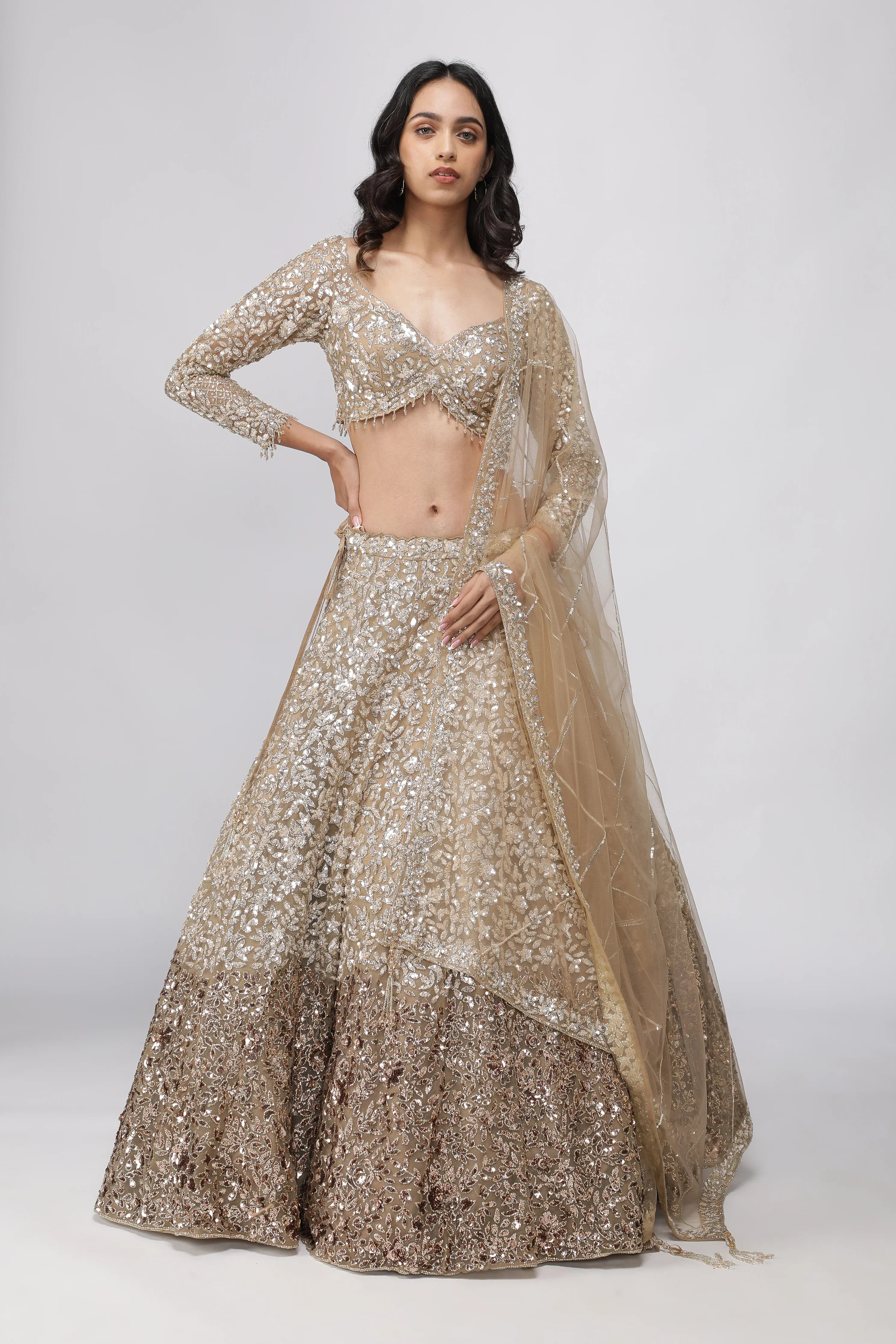 Dark Gold Net Lehenga Set | Mokshaa