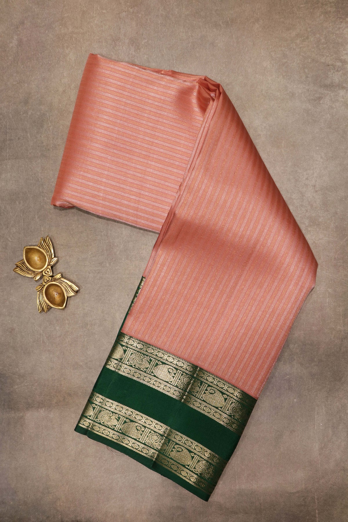 Peach Kanchivaram Silk Rettapettah Border Saree
