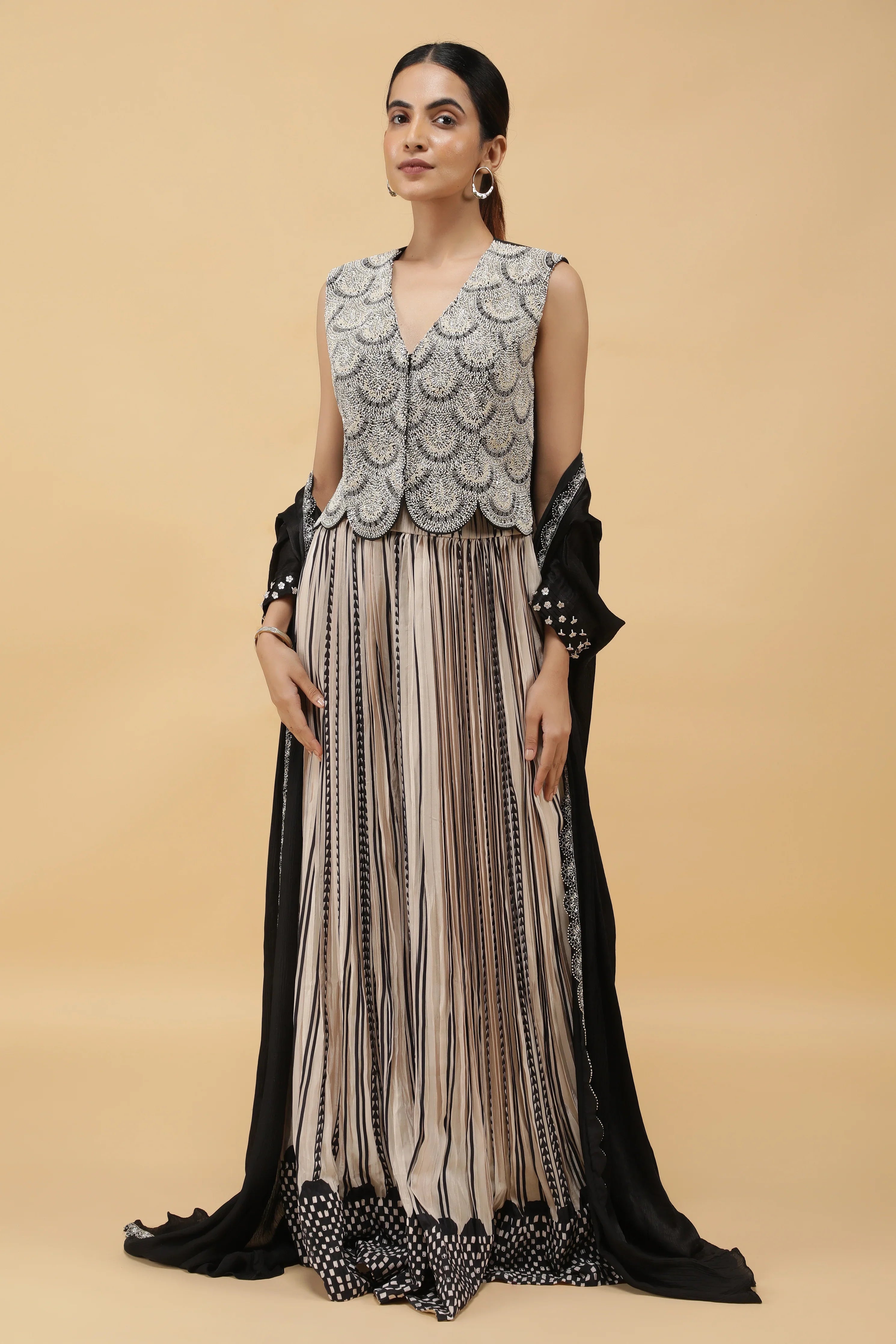 Monochrome Printed Crepe Indowestern Set | Mokshaa