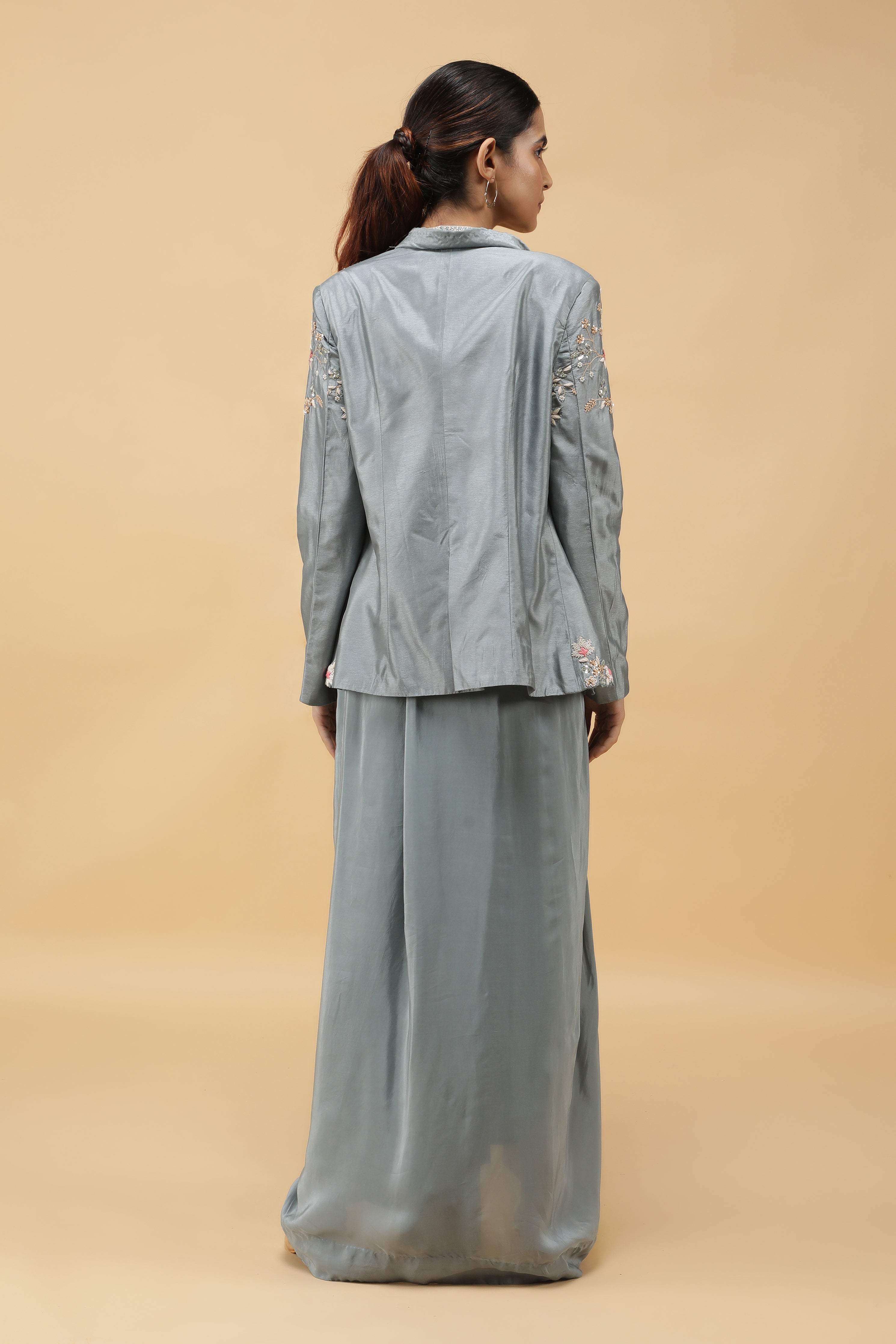 Smoky Blue Embroidered Silk Blazer with Draped Crepe Skirt