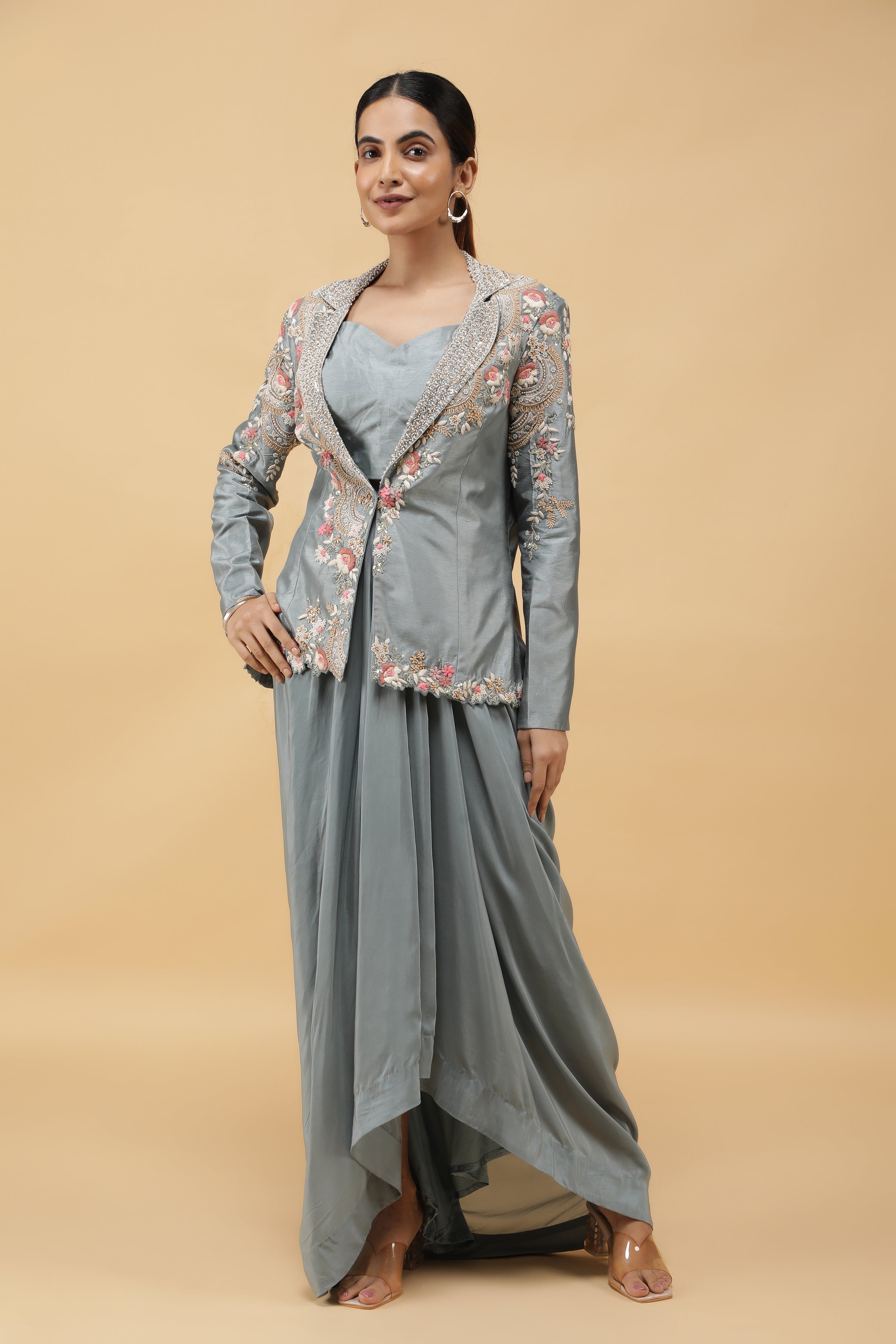 Smoky Blue Embroidered Silk Blazer with Draped Crepe Skirt