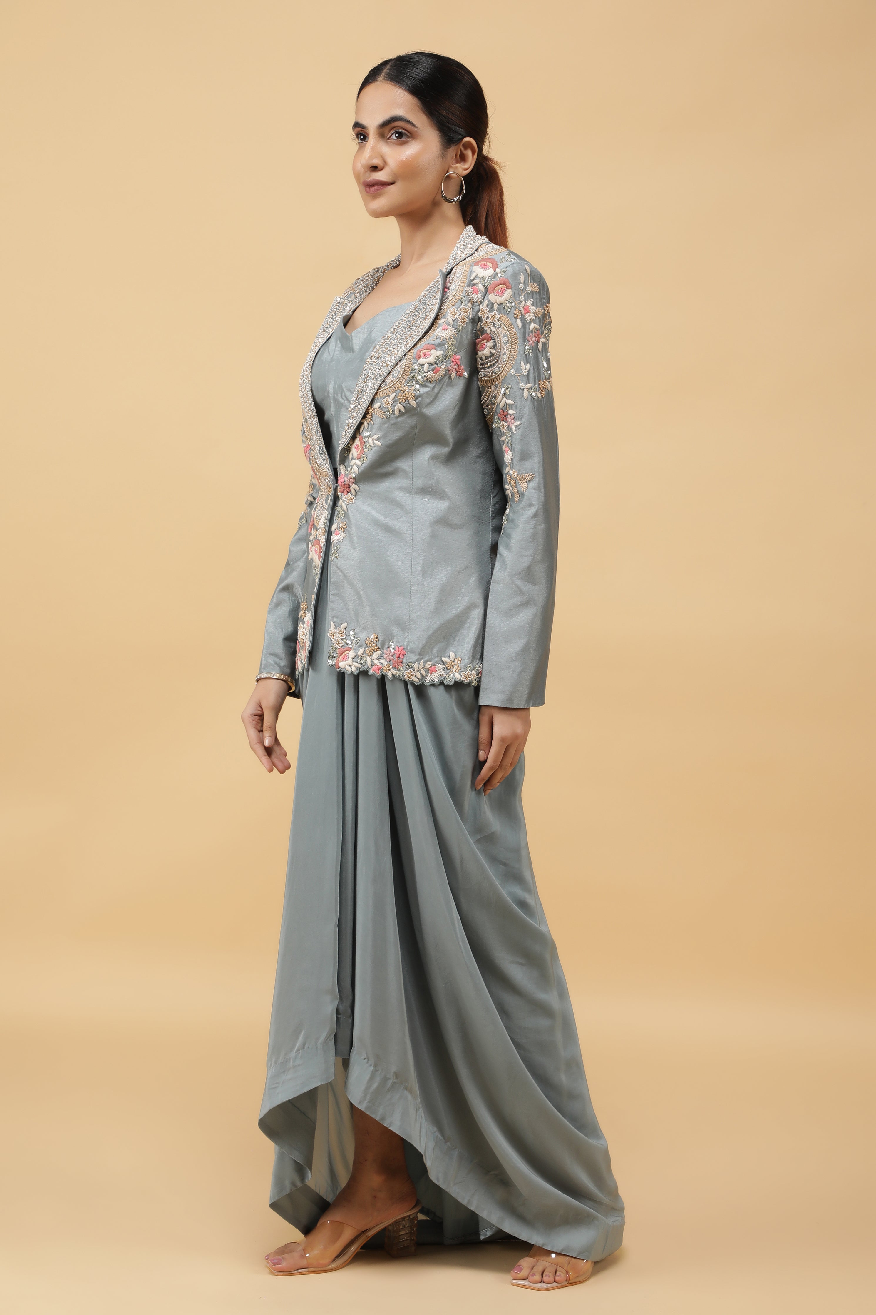 Smoky Blue Embroidered Silk Blazer with Draped Crepe Skirt