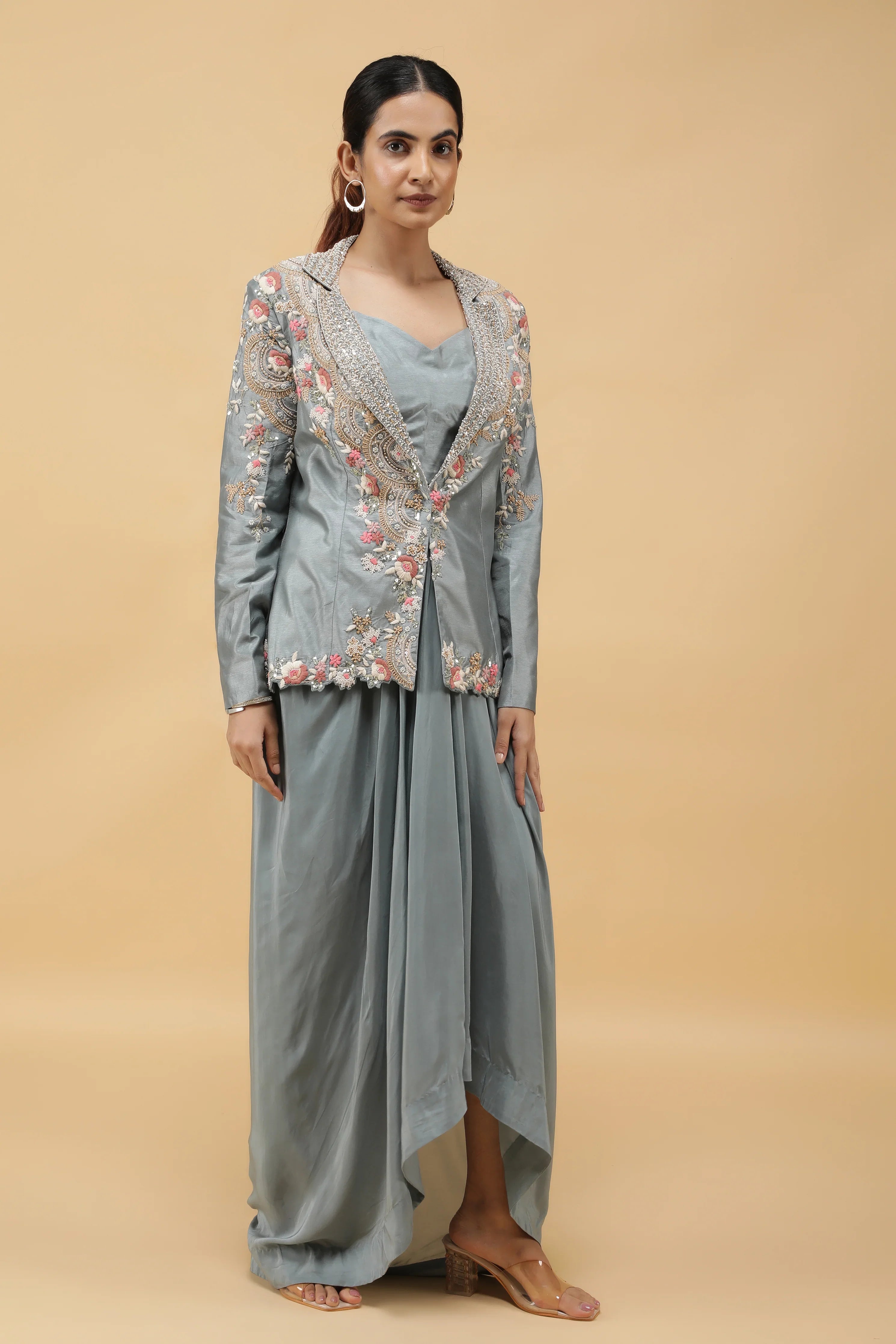 Smoky Blue Embroidered Silk Blazer with Draped Crepe Skirt | Mokshaa