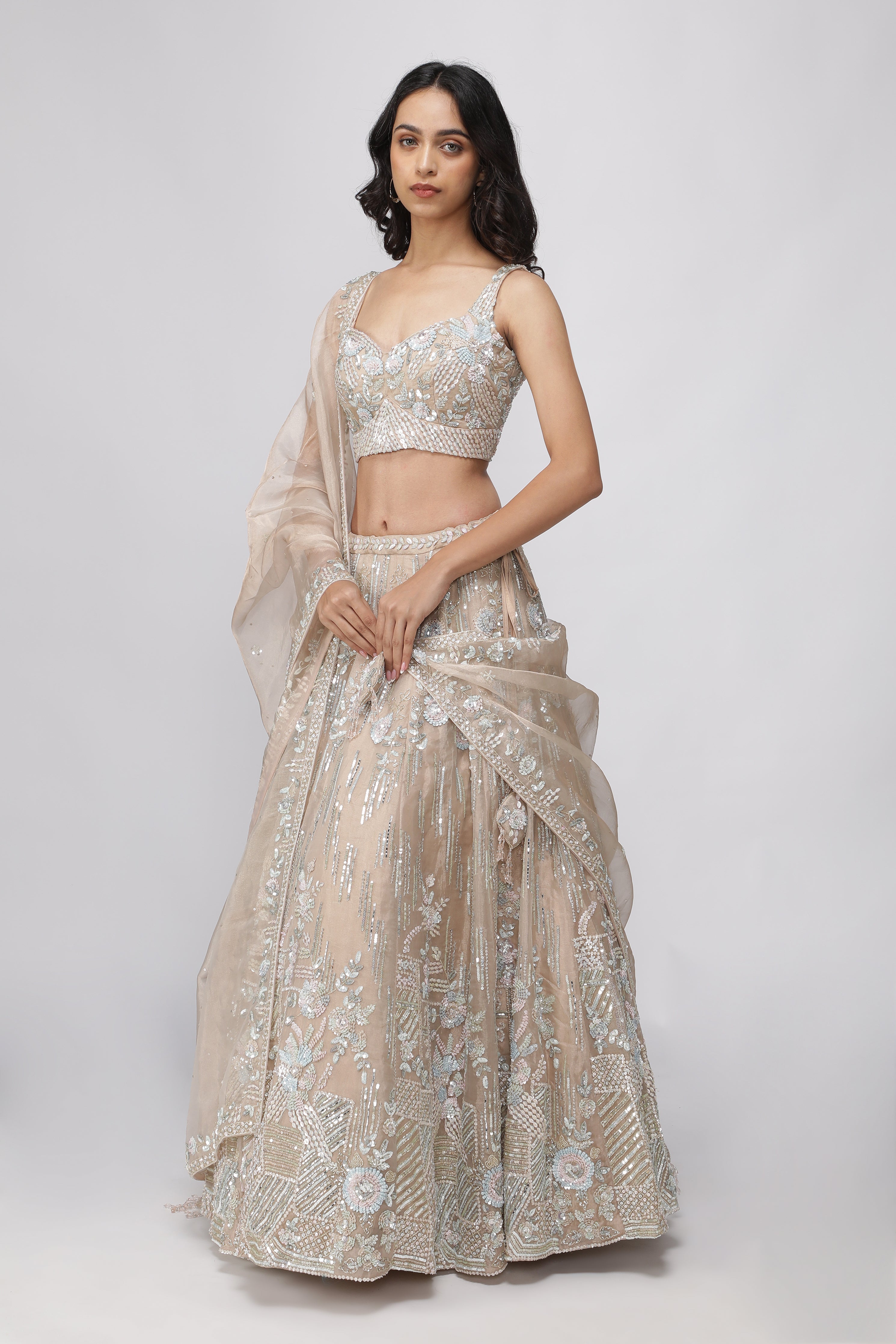 Peach Tissue Organza Lehenga Set