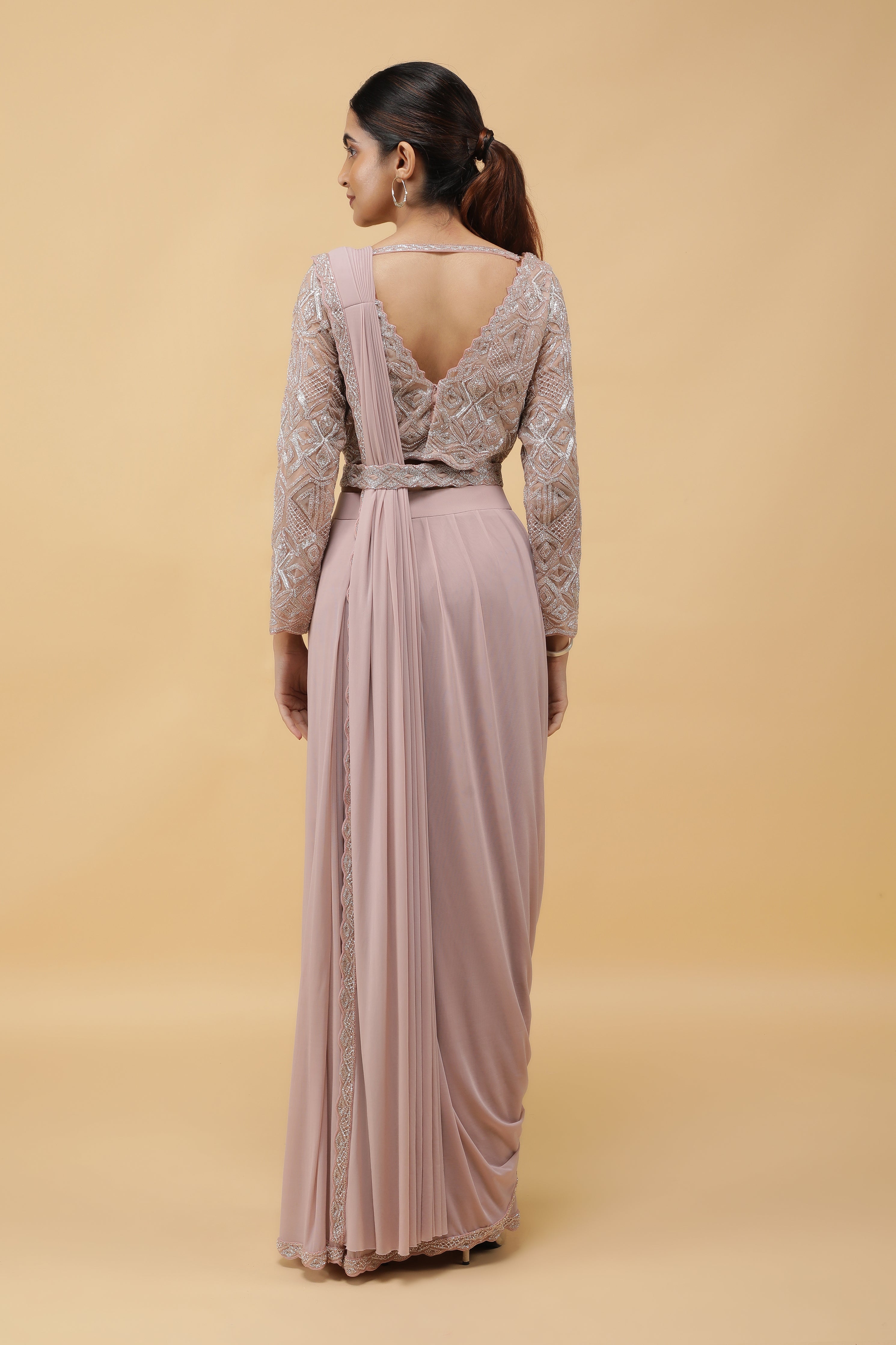 Pastel Mauve Lycra Net Drape Saree with Embroidered Blouse