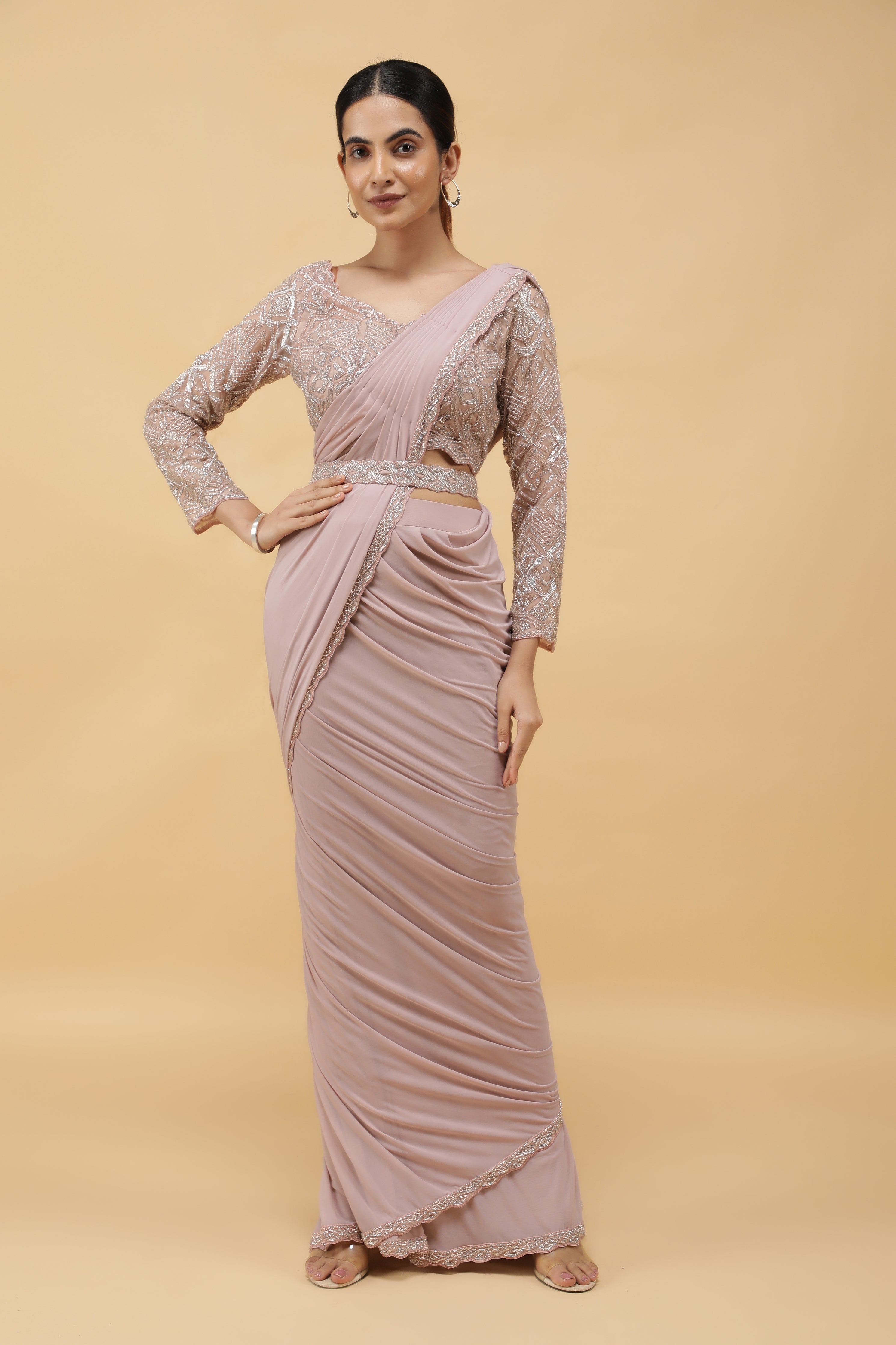 Pastel Mauve Lycra Net Drape Saree with Embroidered Blouse