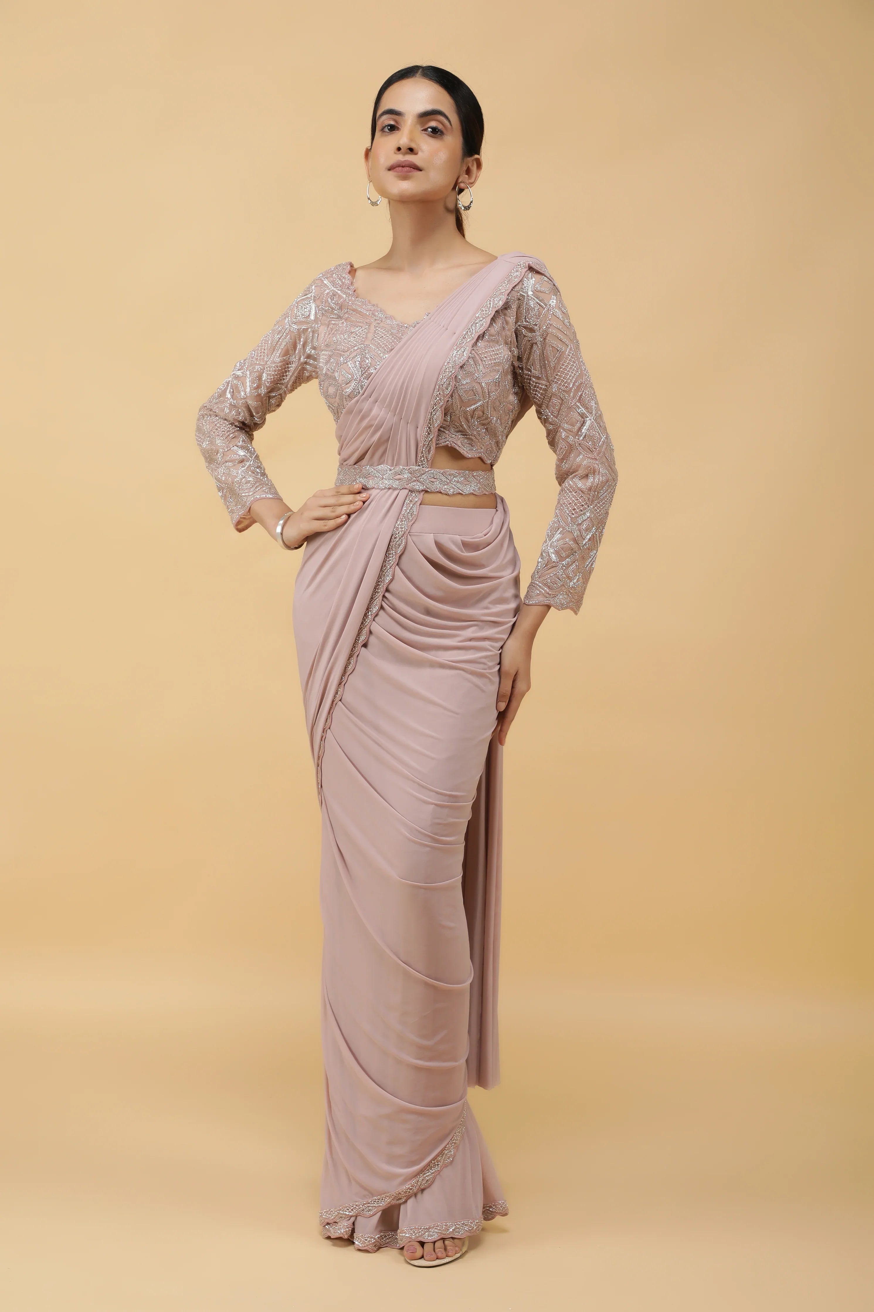 Pastel Mauve Lycra Net Drape Saree with Embroidered Blouse | Mokshaa