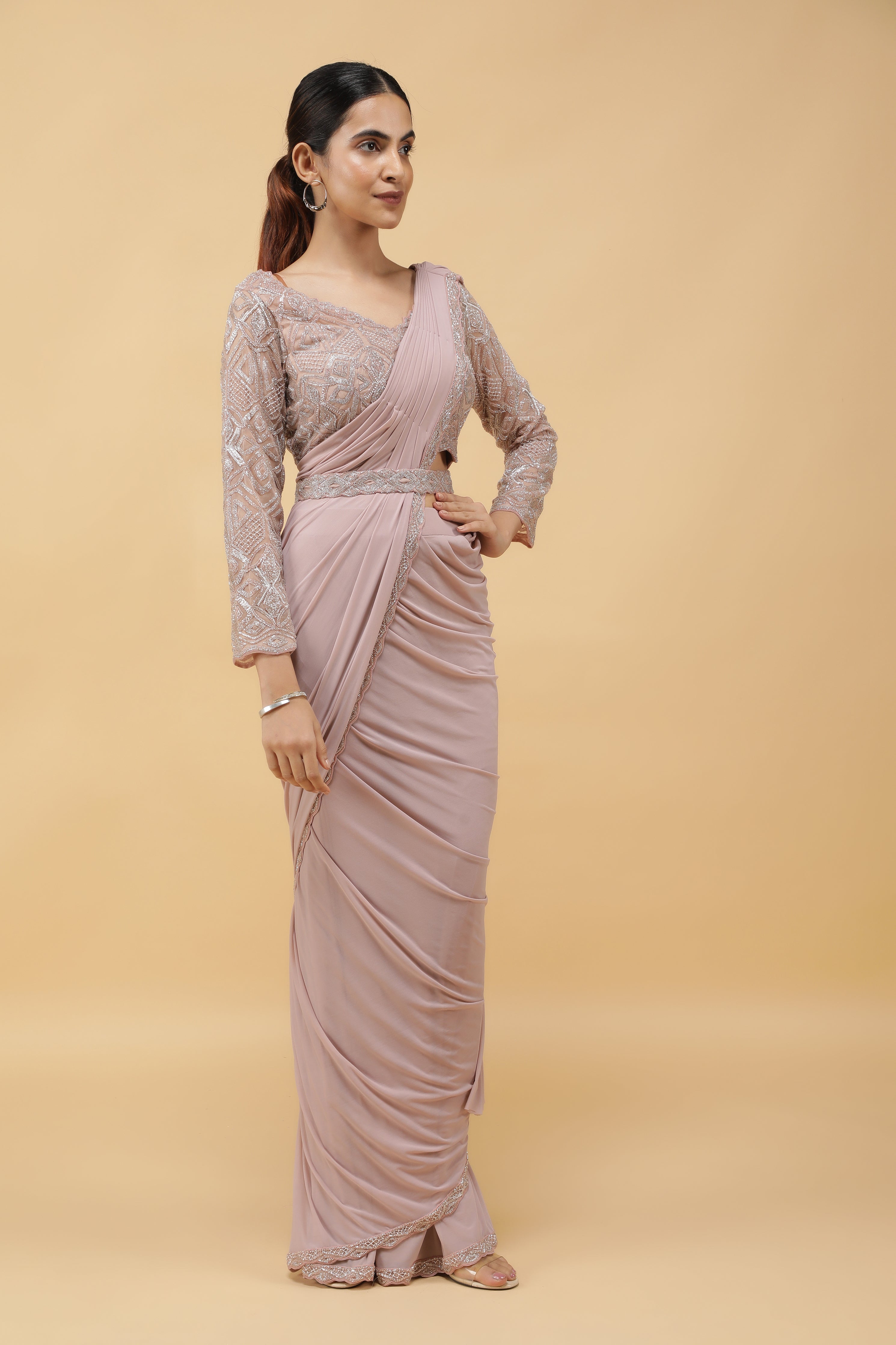Pastel Mauve Lycra Net Drape Saree with Embroidered Blouse