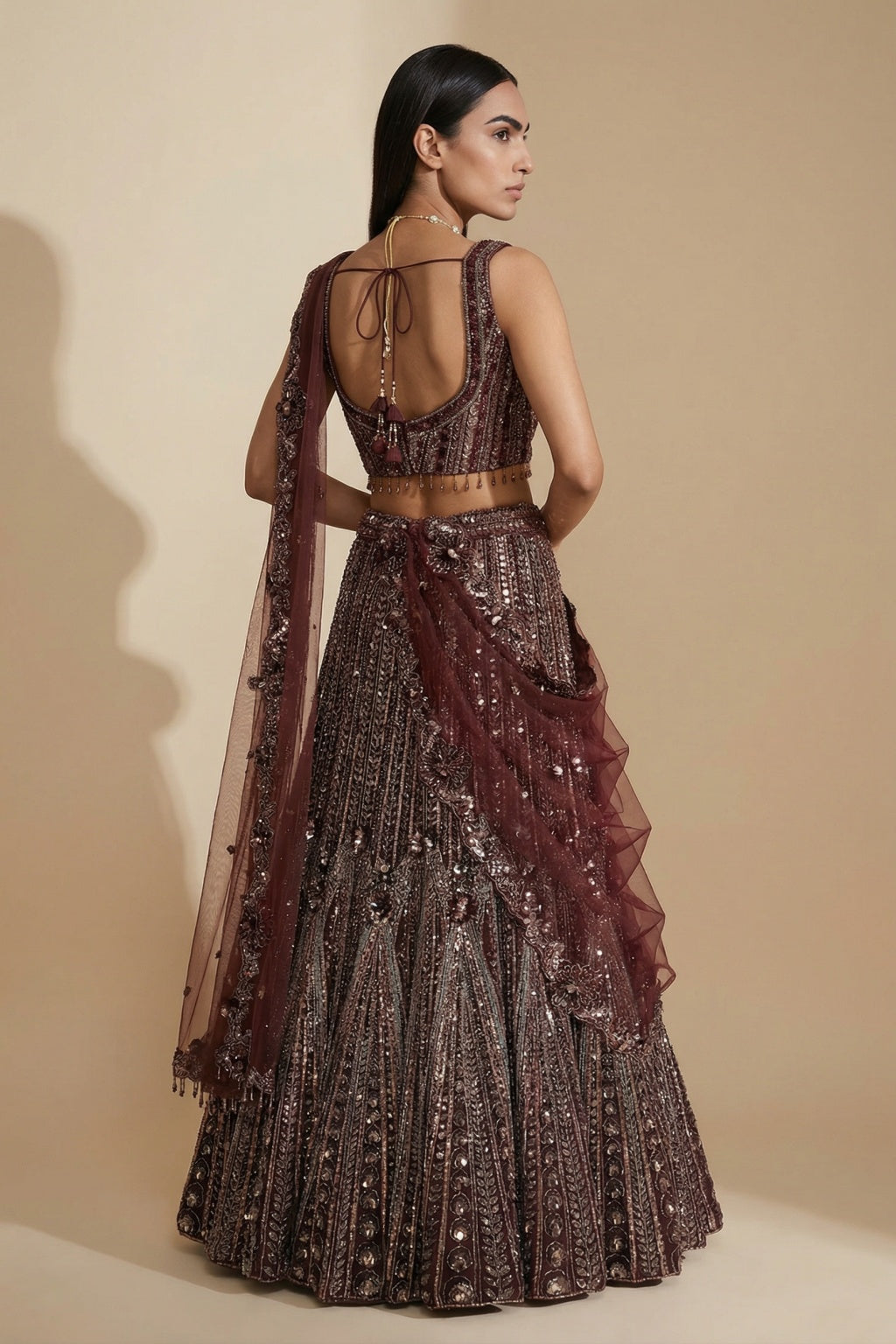 Brown Mermaid Lehenga with Net Dupatta