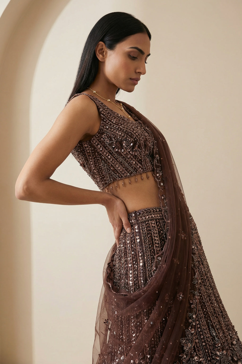 Brown Mermaid Lehenga with Net Dupatta