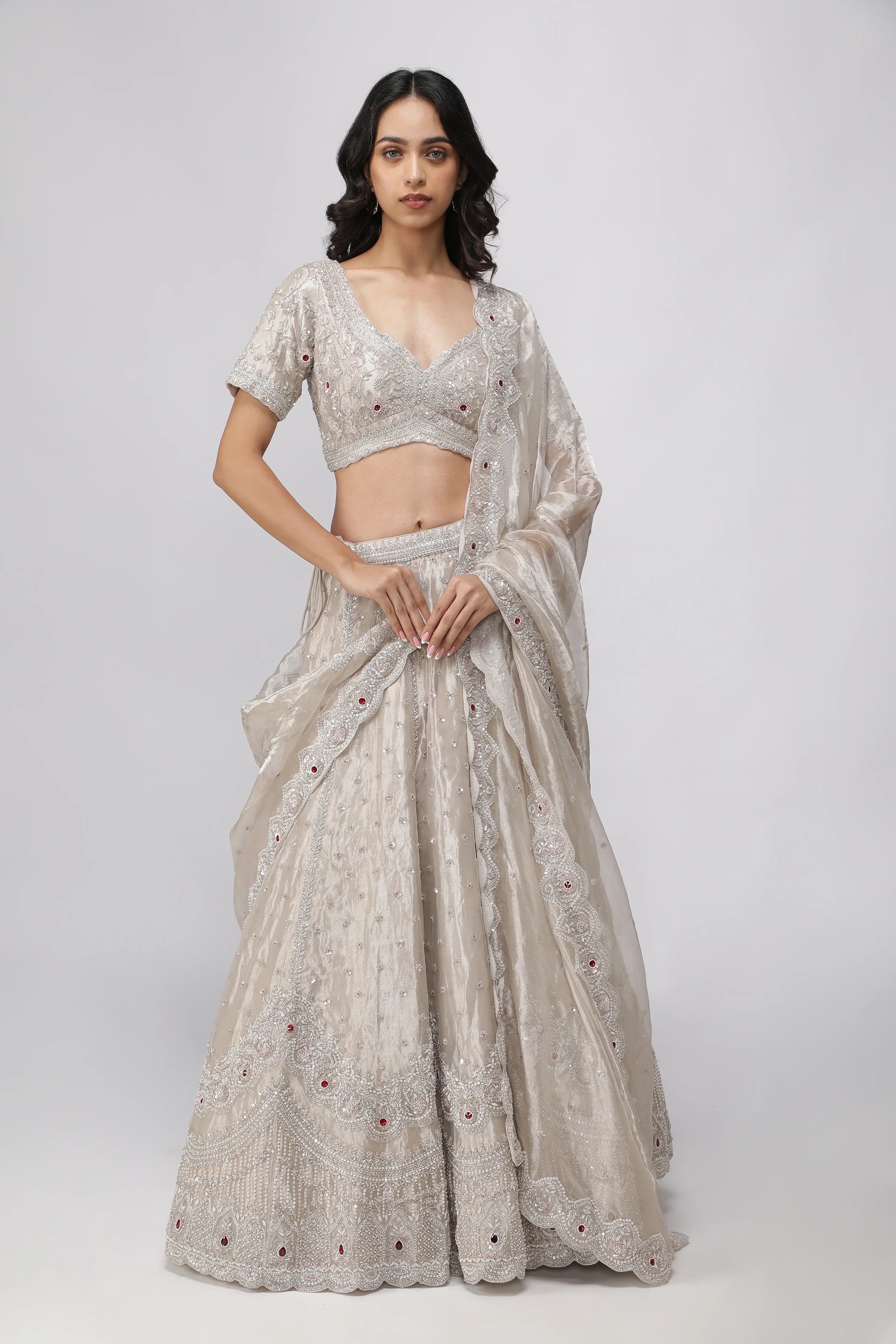 Silver Tissue Organza Lehenga Set | Mokshaa