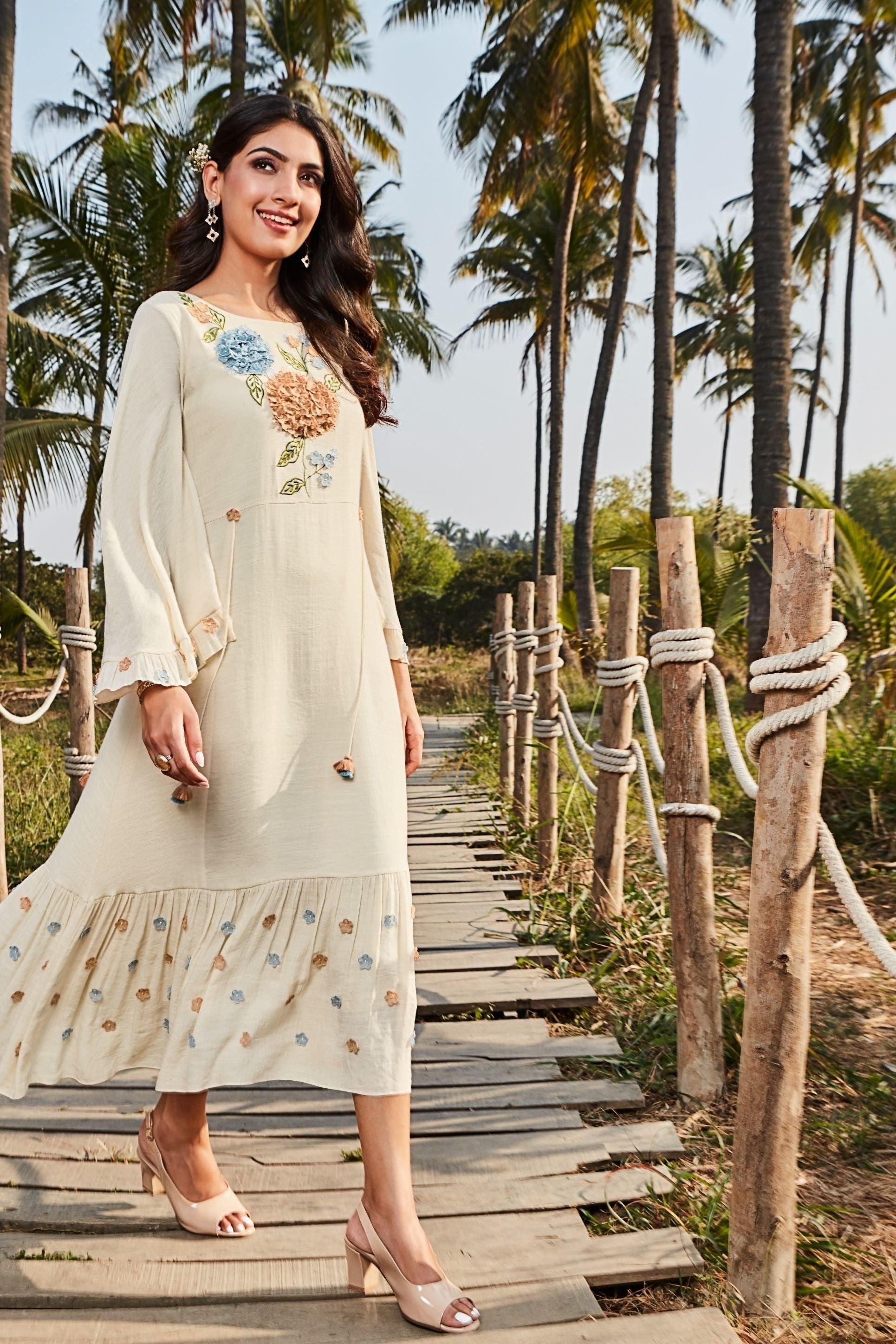 Ivory Soft Cotton Midi Dress with 3D Floral Embroidery  Mokshaa