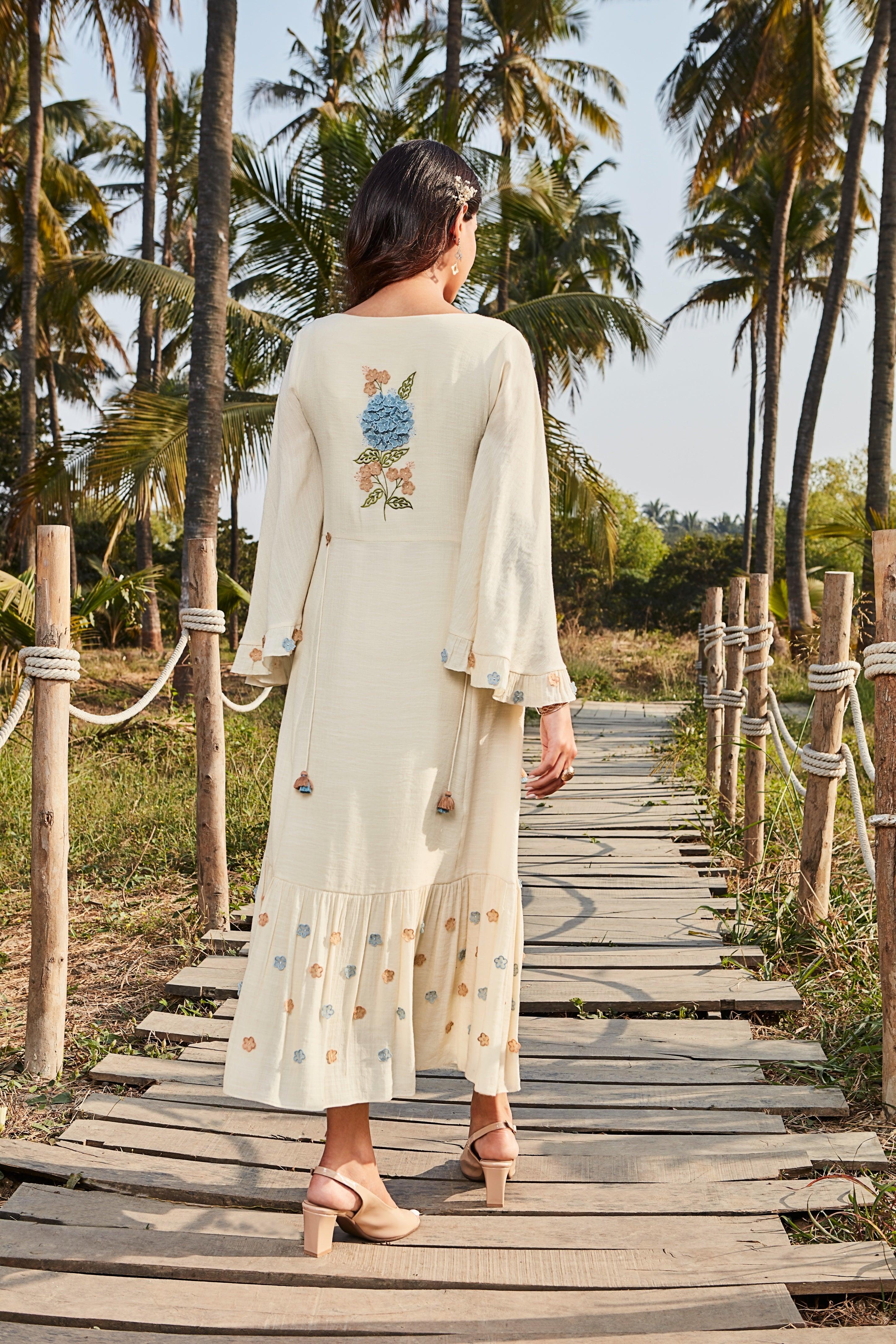 Ivory Soft Cotton Midi Dress with 3D Floral Embroidery  Mokshaa