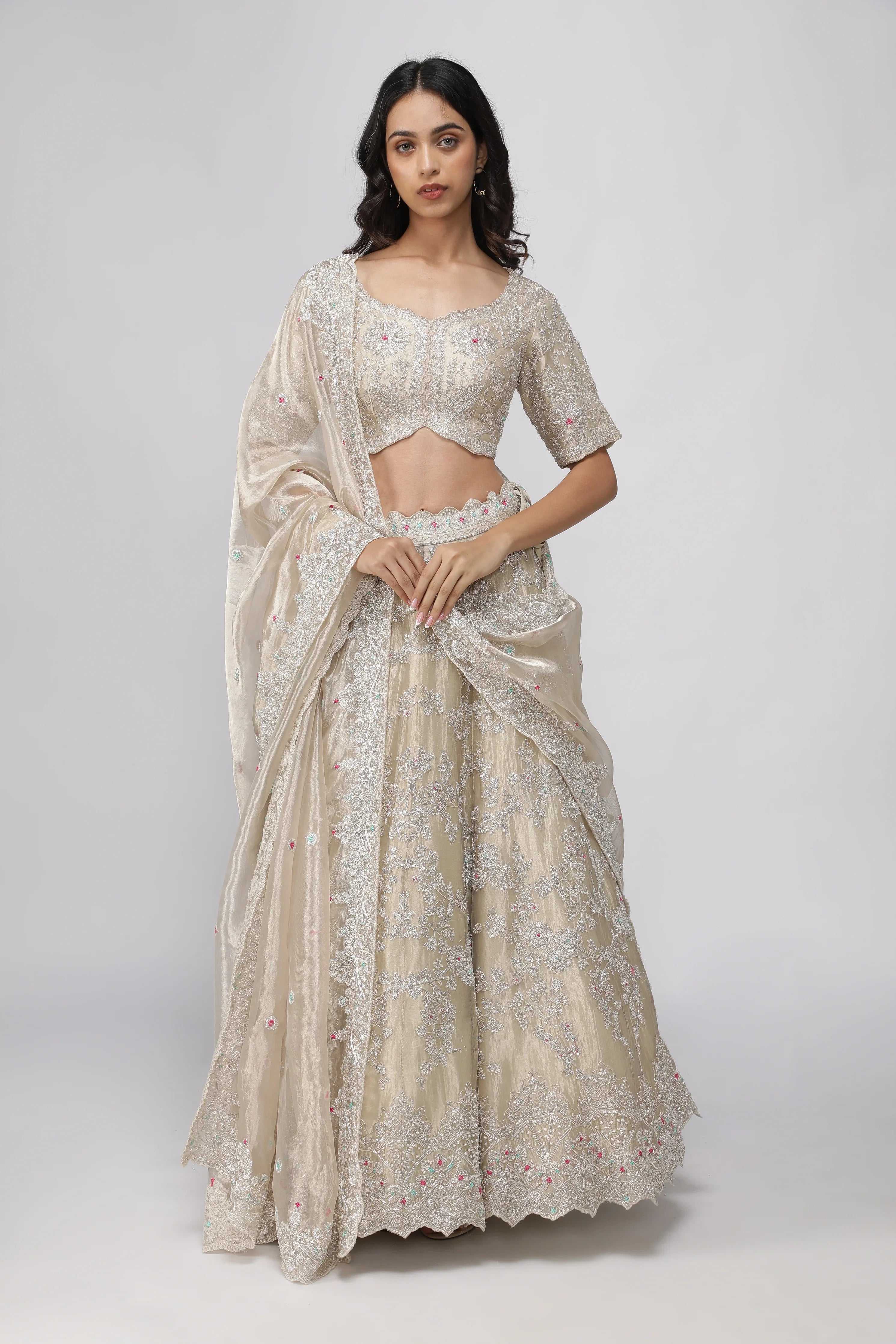 Gold Tissue Organza Embroidered Lehenga Set | Mokshaa