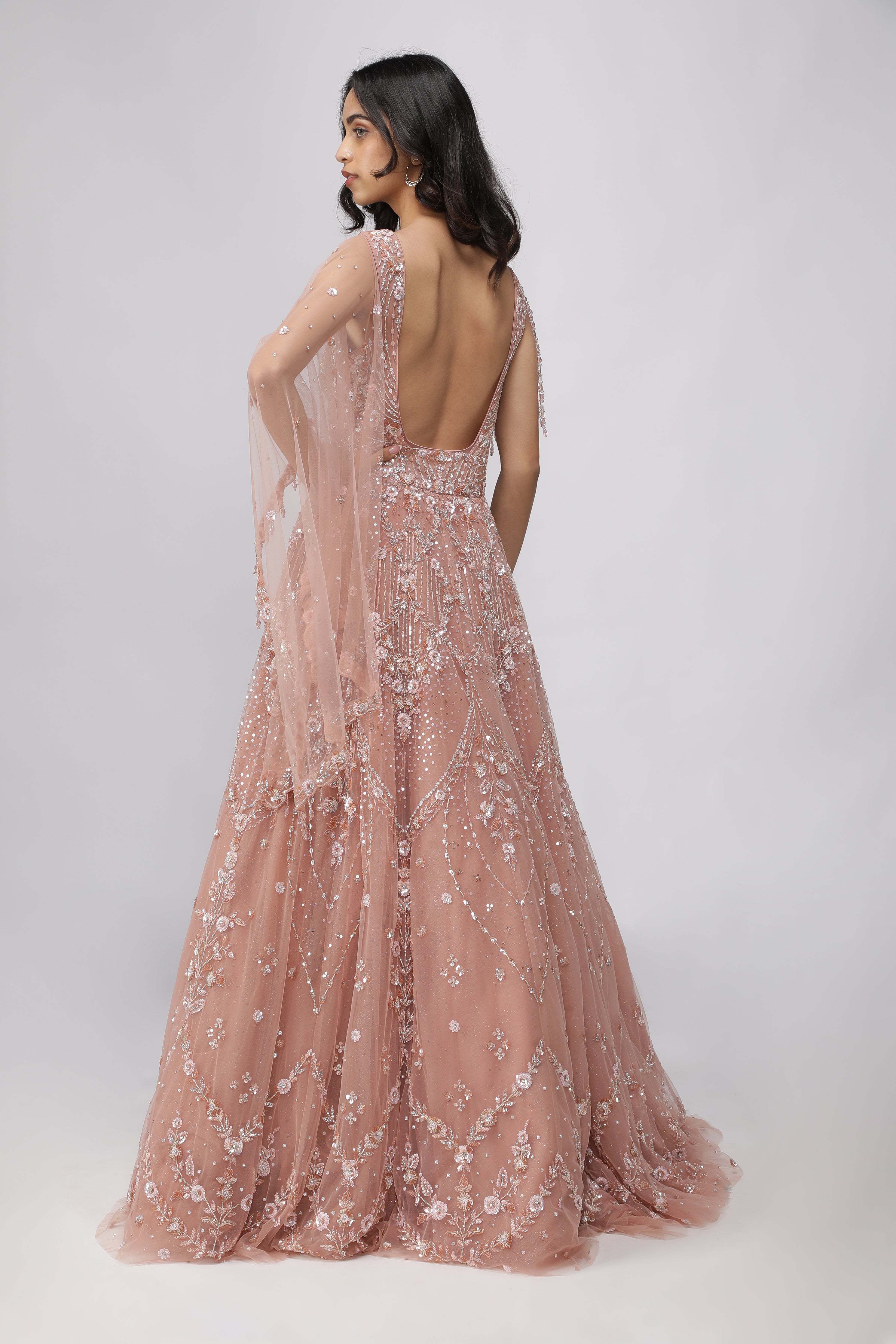 Peach Net Gown with Sequins, Cutdana & Pearl Embroidery