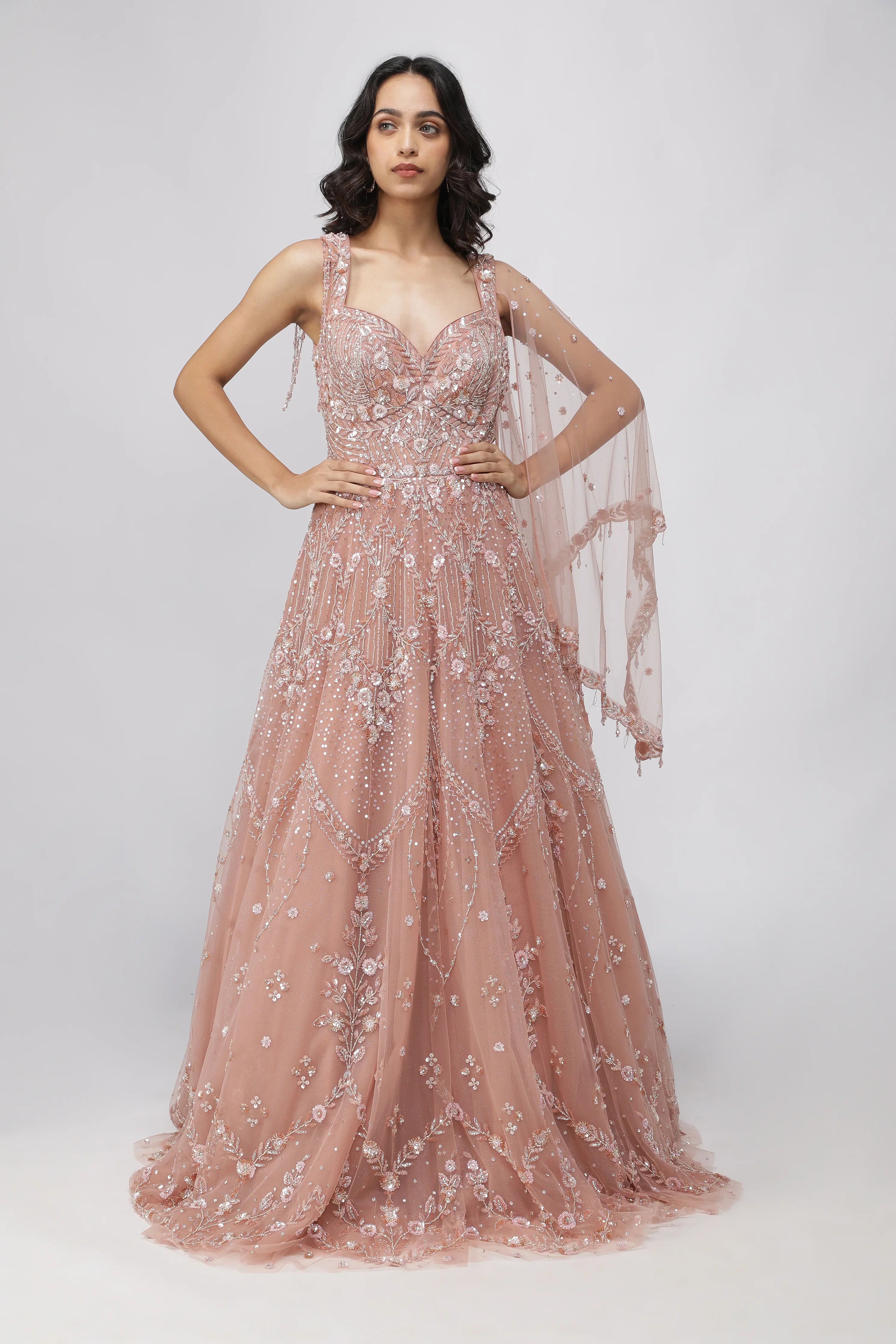 Peach Net Gown with Sequins, Cutdana & Pearl Embroidery | Mokshaa