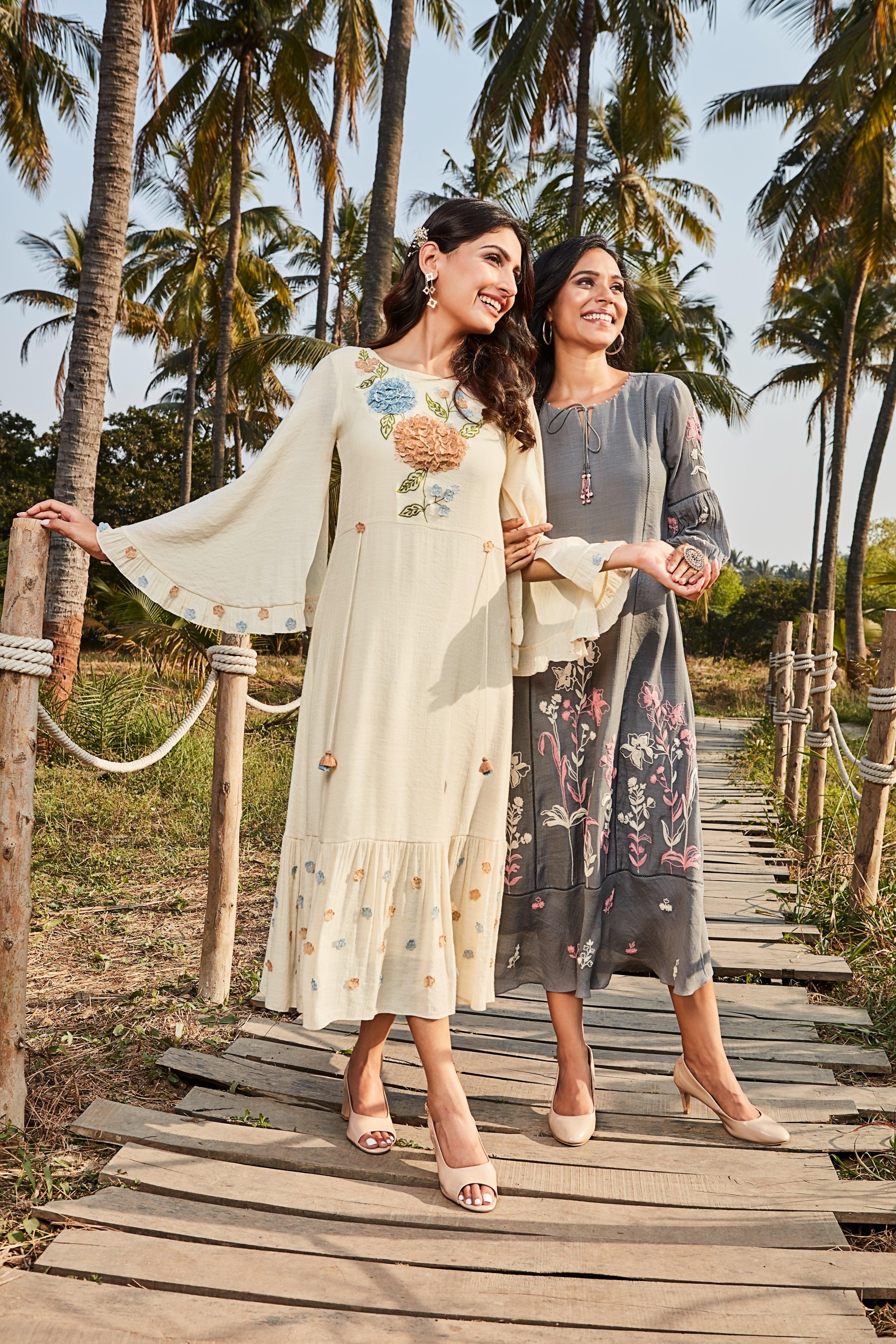 Ivory Soft Cotton Midi Dress with 3D Floral Embroidery  Mokshaa