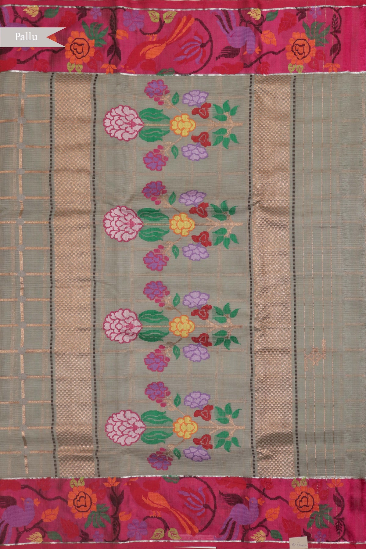 Grey-Green Zari Kota Saree with Jamdani Border