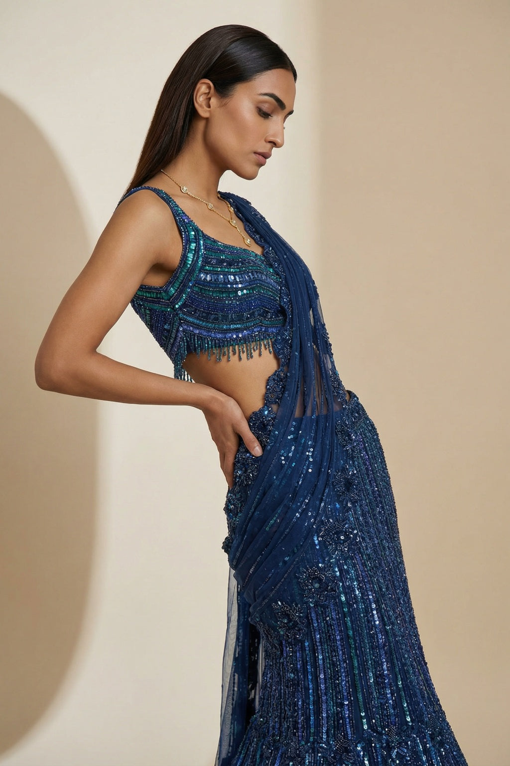 Blue Net Mermaid Lehenga set - Mokshaa